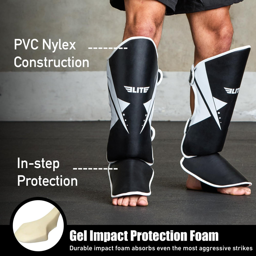 Elite Sports Muay Thai Shin Guards Kickboxing MMA Muay Thai Leg Instep Protective Pads, Martial Art Kicking Sparring Training Gear for BJJ Karate Boxing Taekwondo