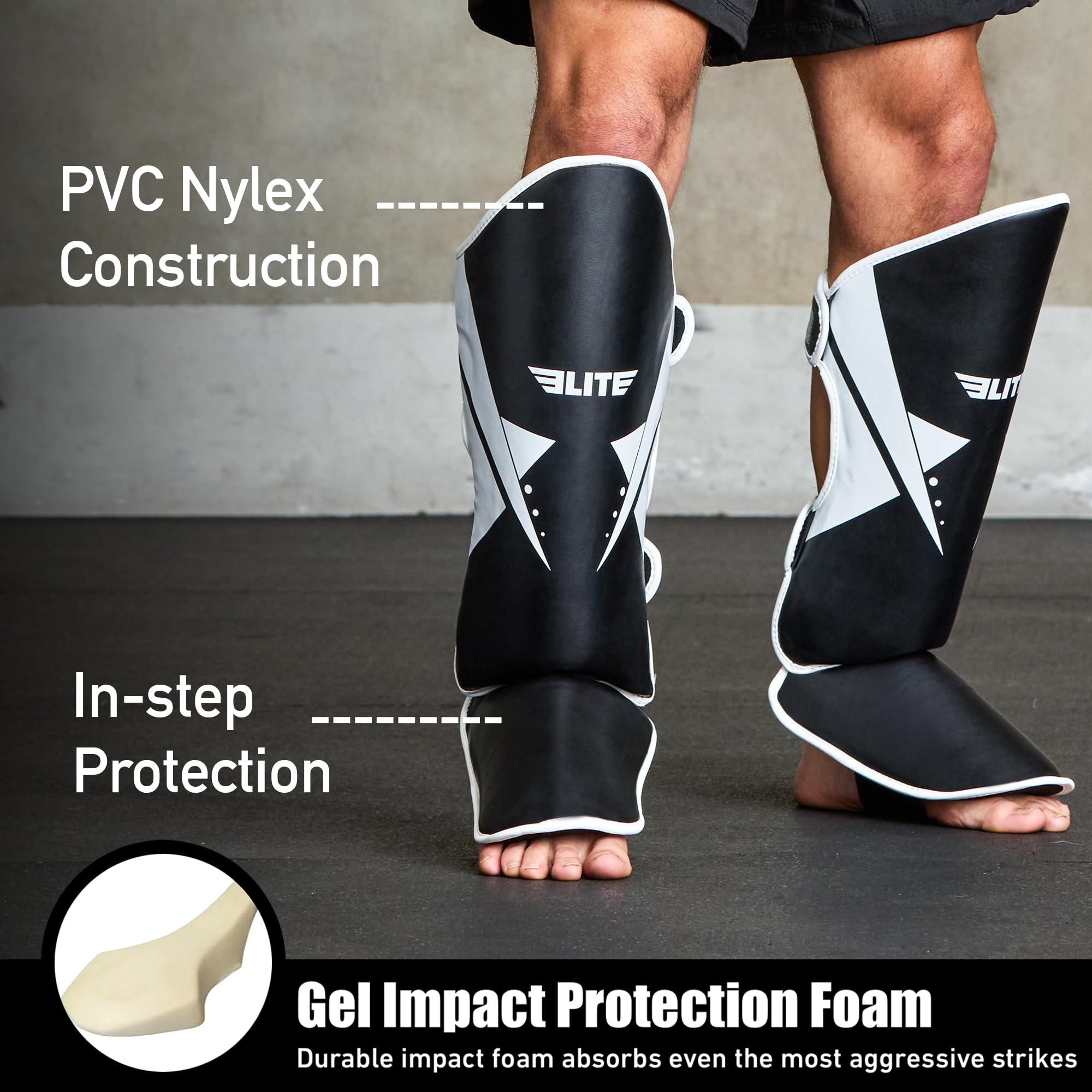 Elite Sports Muay Thai Shin Guards Kickboxing MMA Muay Thai Leg Instep Protective Pads, Martial Art Kicking Sparring Training Gear for BJJ Karate Boxing Taekwondo