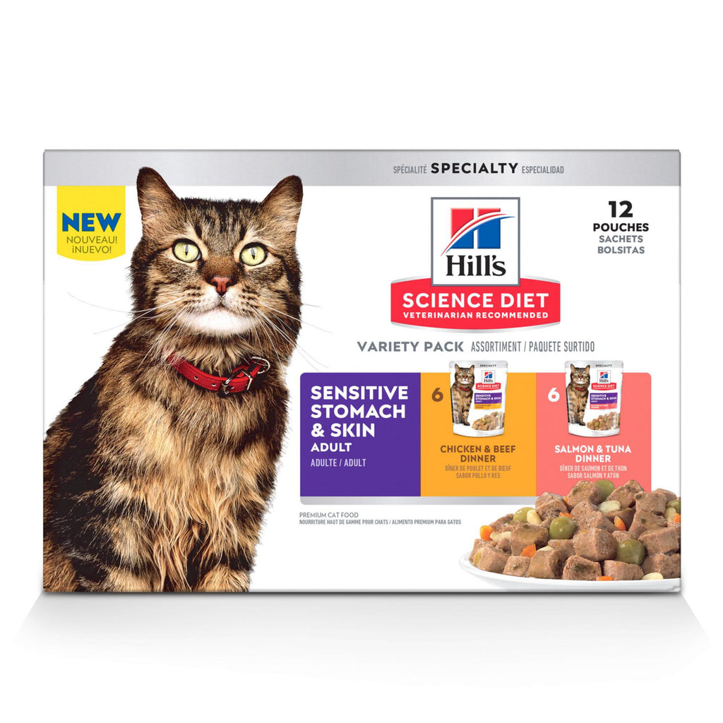 Hill's Science Diet Adult Sensitive Stomach & Skin Wet Cat Food, Chicken & Beef, 2.8 oz. Pouches, 24-Pack