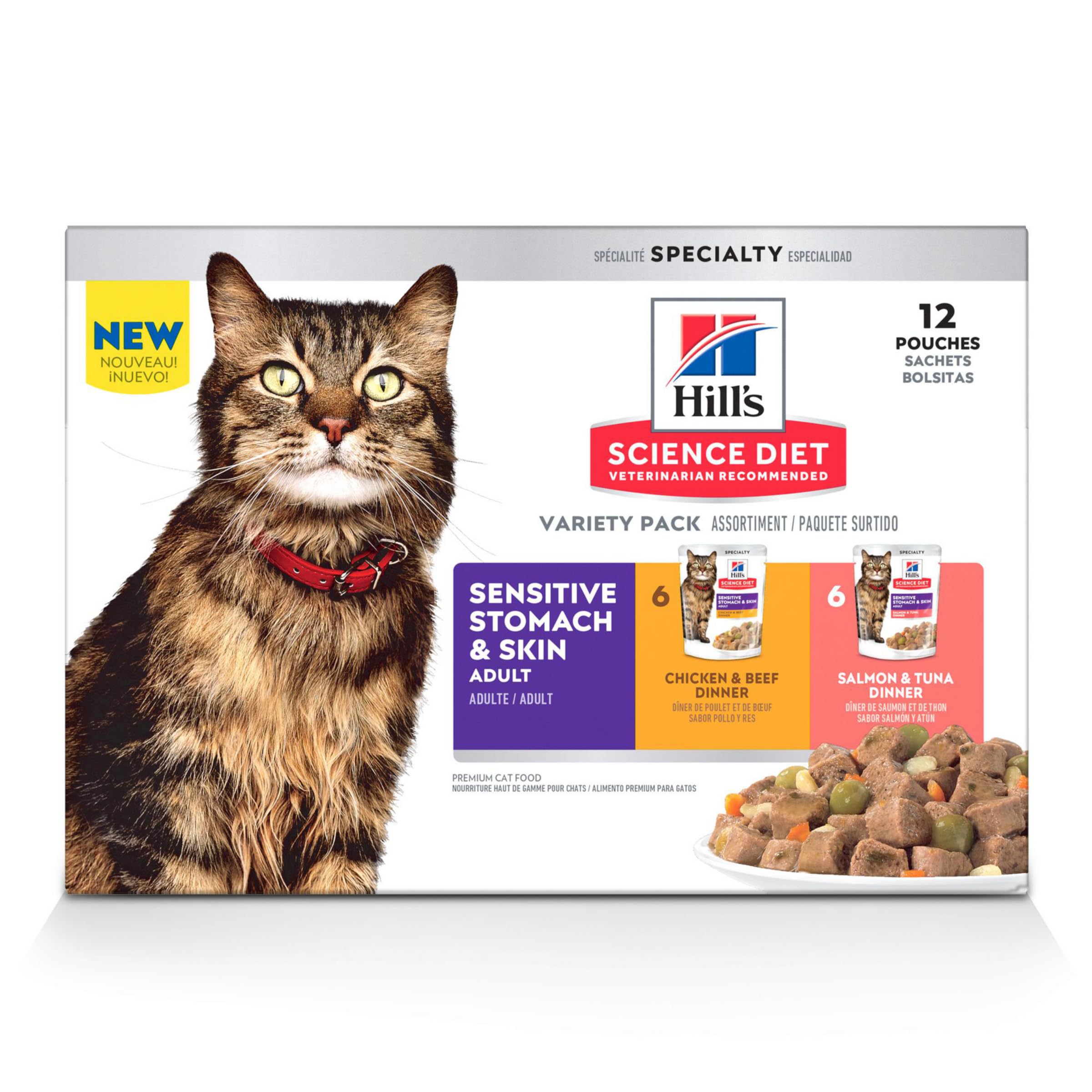 Hill's Science Diet Adult Sensitive Stomach & Skin Wet Cat Food, Chicken & Beef, 2.8 oz. Pouches, 24-Pack