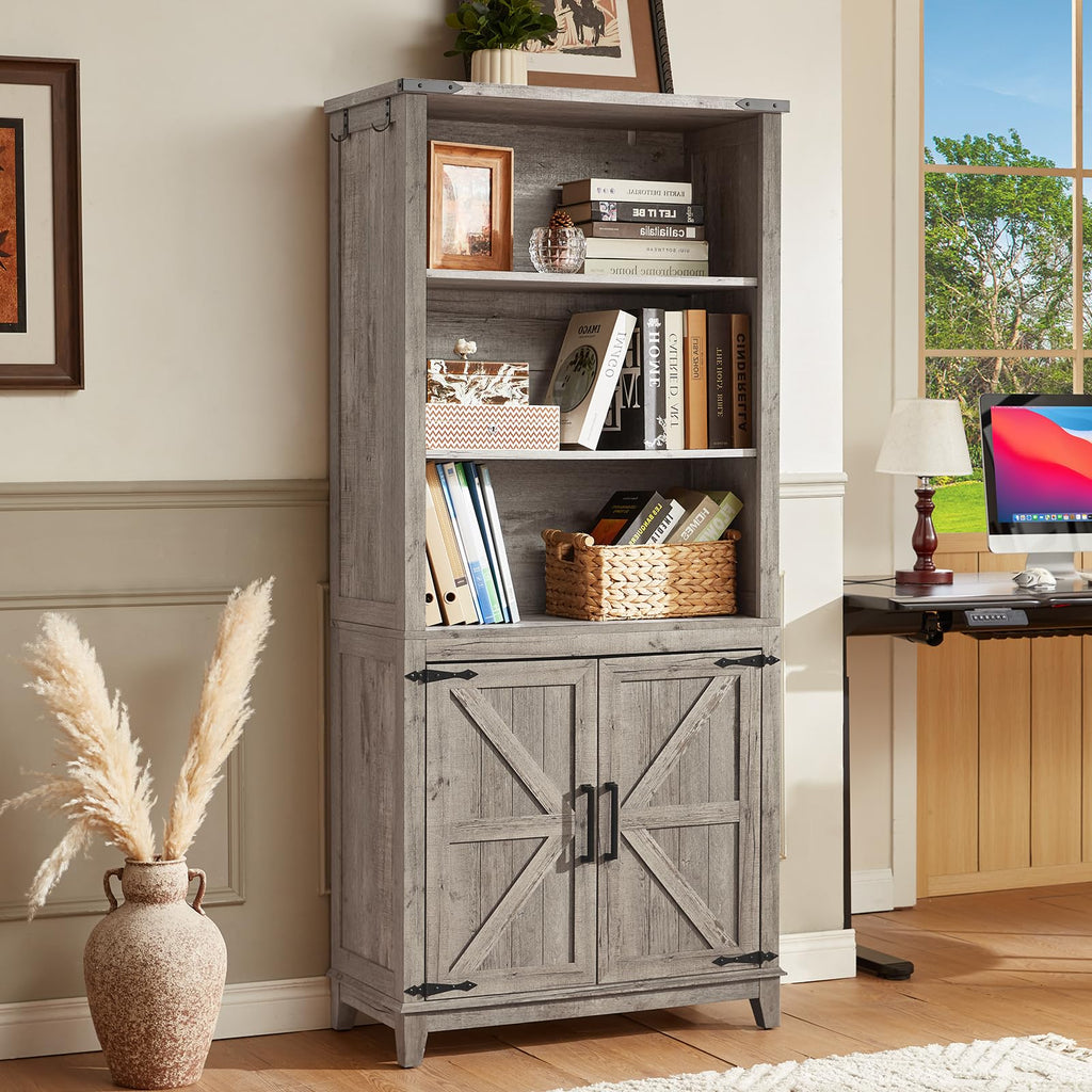 Joaxswe 70in Tall Bookshelf 5 Tier Bookcase with Barn Doors and Adjustable Shelves, Black Farmhouse Book Shelf with Storage Cabinet, Wood Freestanding Display Bookshelves for Bedroom, Living Room