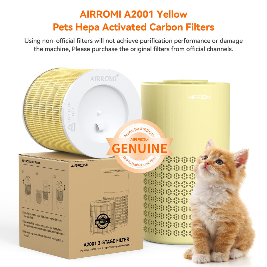 AIRROMI A2001 HEPA Air Purifier Replacement Filter, 3-In-1 Original Filter, Remove 99.97% of 0.3 Micron Particle 2 Pack White Activated Carbon