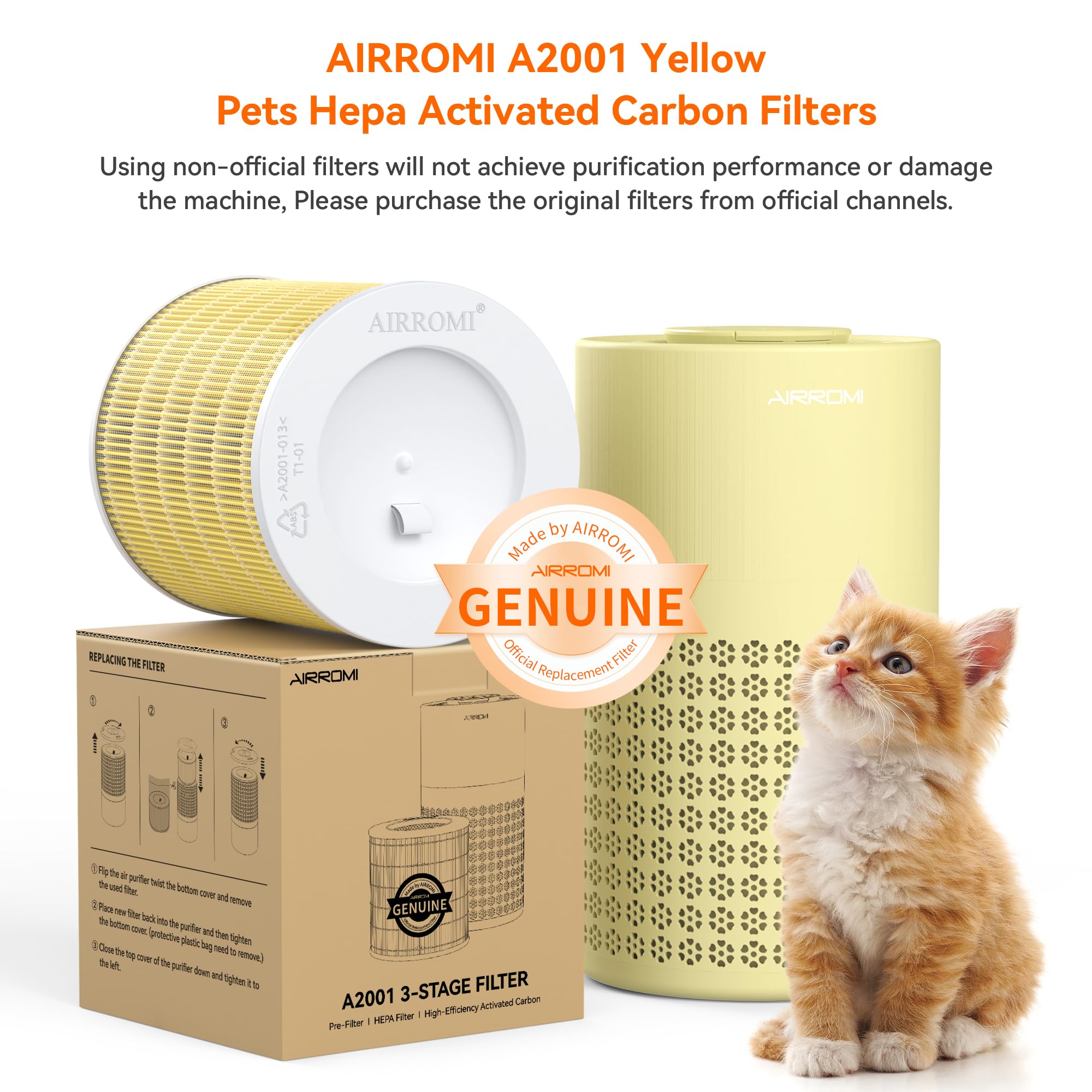 AIRROMI A2001 HEPA Air Purifier Replacement Filter, 3-In-1 Original Filter, Remove 99.97% of 0.3 Micron Particle 2 Pack White Activated Carbon