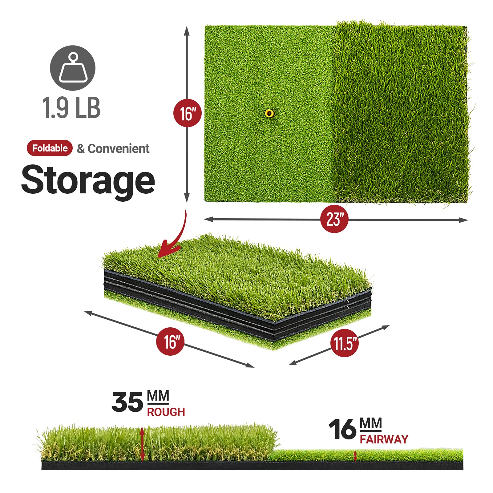 SAPLIZE Foldable Heavy-Duty Golf Hitting Mat with 10mm EVA Backing for Indoor/Outdoor Swing & Chipping, Golf Accessories & Gift for Men & Women