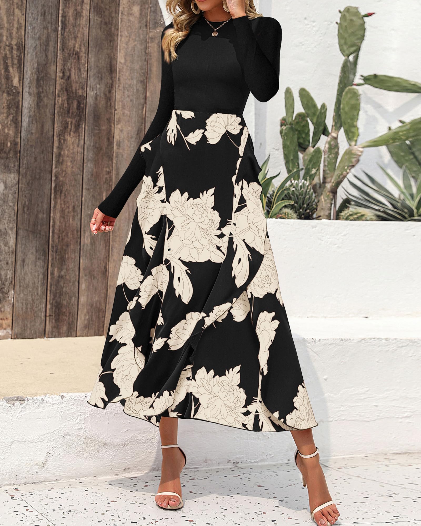 BTFBM Womens Floral Maxi Dress Fall 2025 Casual Crewneck Long Sleeve Ruffle Flowy Cocktail Wedding Guest Dresses