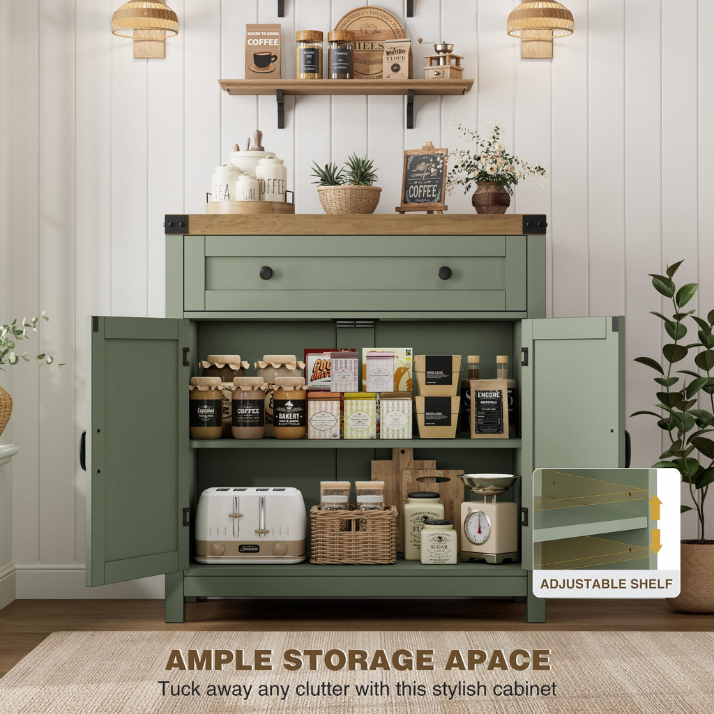 HOSTACK Coffee Bar Cabinet, Kitchen Storage Cabinet, Modern Farmhouse Buffet Sideboard with Drawer and Adjustable Shelf, Barn Door Accent Cabinets for Kitchen, Dining Room, Entryway, Ash Grey