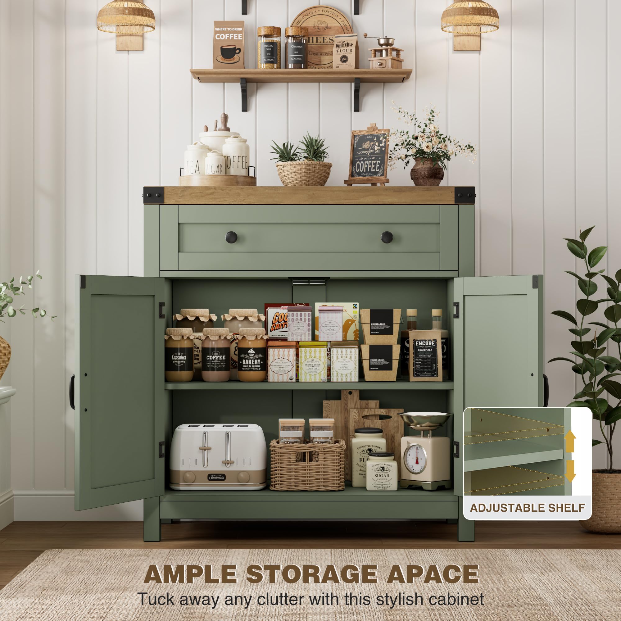 HOSTACK Coffee Bar Cabinet, Kitchen Storage Cabinet, Modern Farmhouse Buffet Sideboard with Drawer and Adjustable Shelf, Barn Door Accent Cabinets for Kitchen, Dining Room, Entryway, Ash Grey