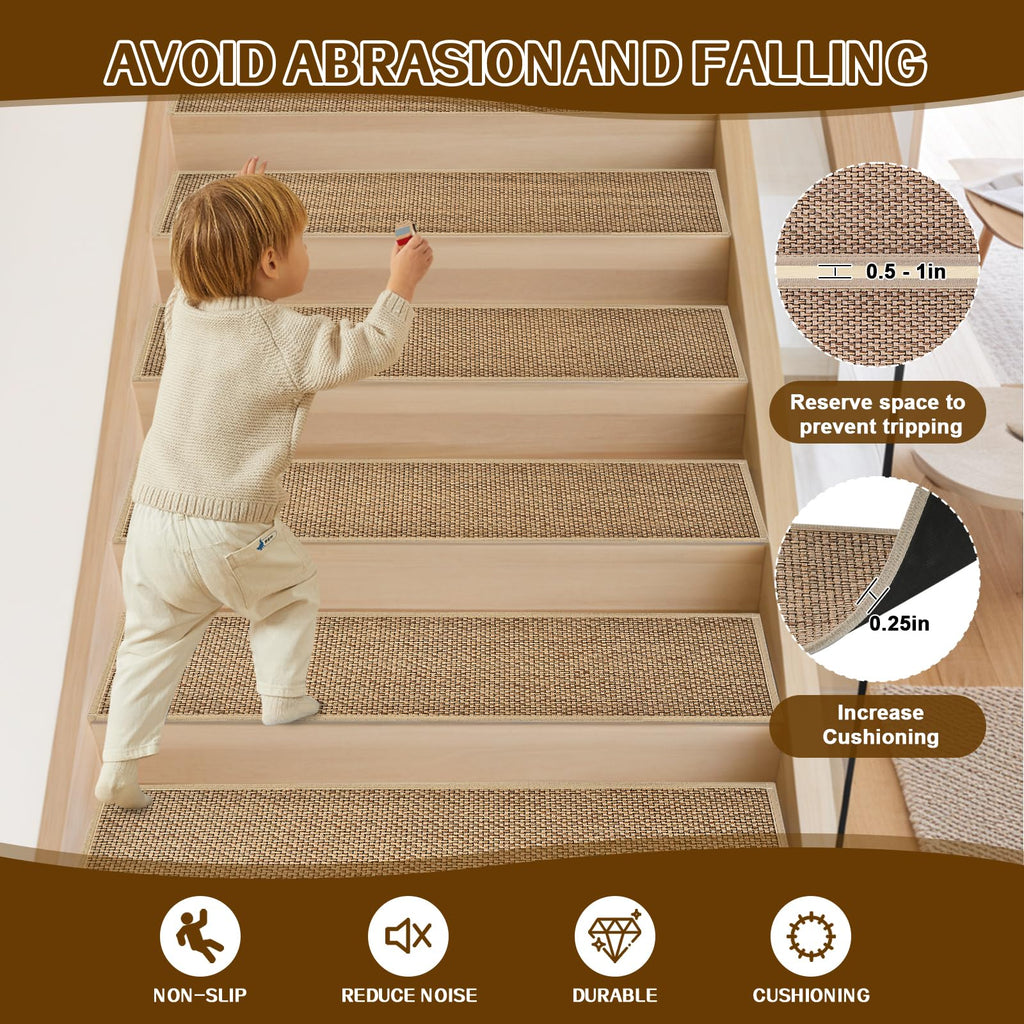 Non Slip Stair Treads for Wooden Steps, Square Rubber Backing Non Slip Stair Landing Mat, Thicken Linen Carpet Stair Runners Indoor, No Residue Stair Carpet Treads, 29"x29", Beige