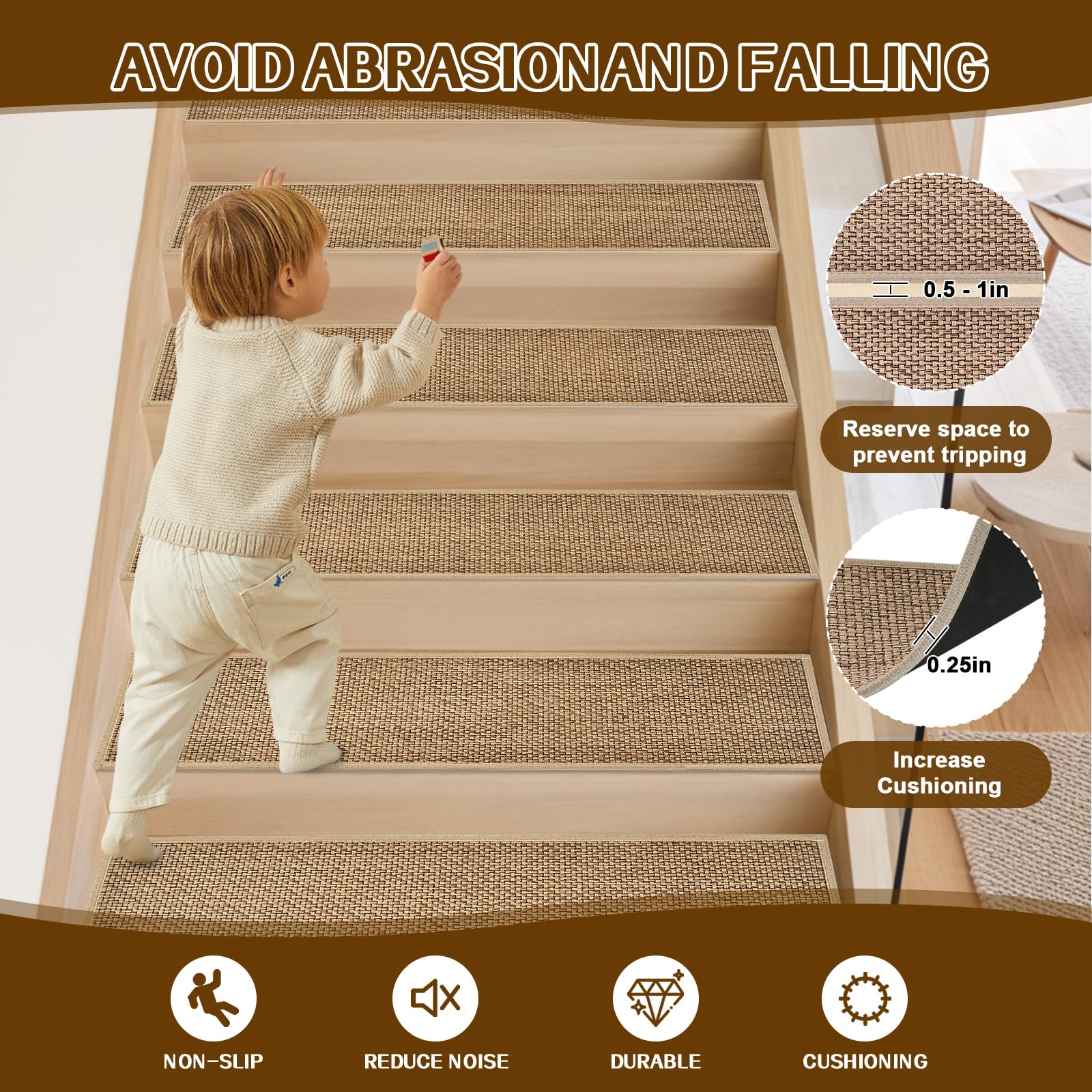Non Slip Stair Treads for Wooden Steps, Square Rubber Backing Non Slip Stair Landing Mat, Thicken Linen Carpet Stair Runners Indoor, No Residue Stair Carpet Treads, 29"x29", Beige