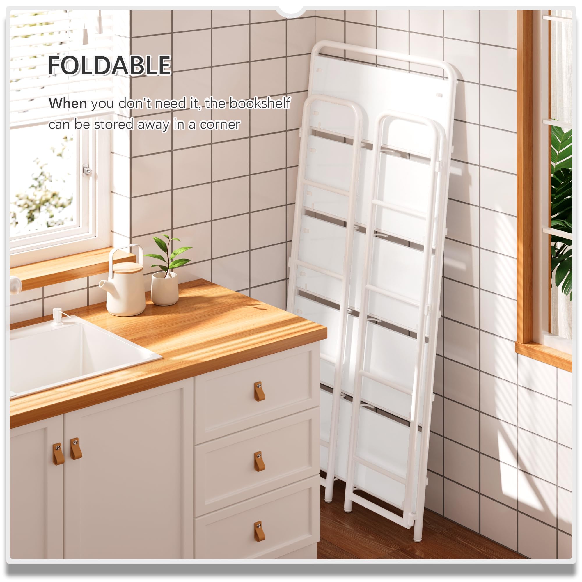 4NM No Assembly Folding Bookshelf, 3 Tiers Collapsible Book Shelves Open Industrial Foldable Storage Bookcase Shelf for Bedroom, Living Room, Home Office - Natural and White