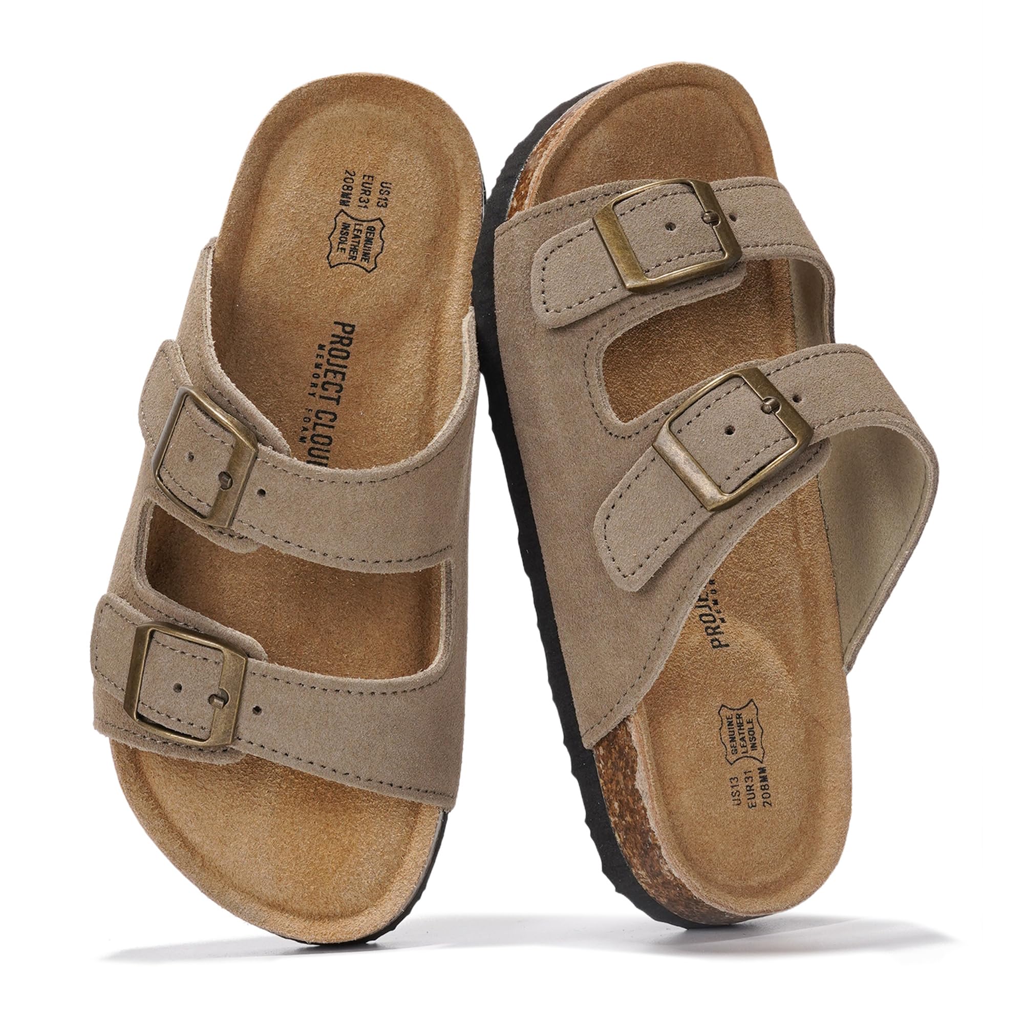 Project Cloud Kids Sandals 100% Genuine Leather - Natural Cork Footbed Non-Slip Slides for Kids - Lightweight Boys & Girls Sandals - Water-Resistant Girls & Boys Sandals