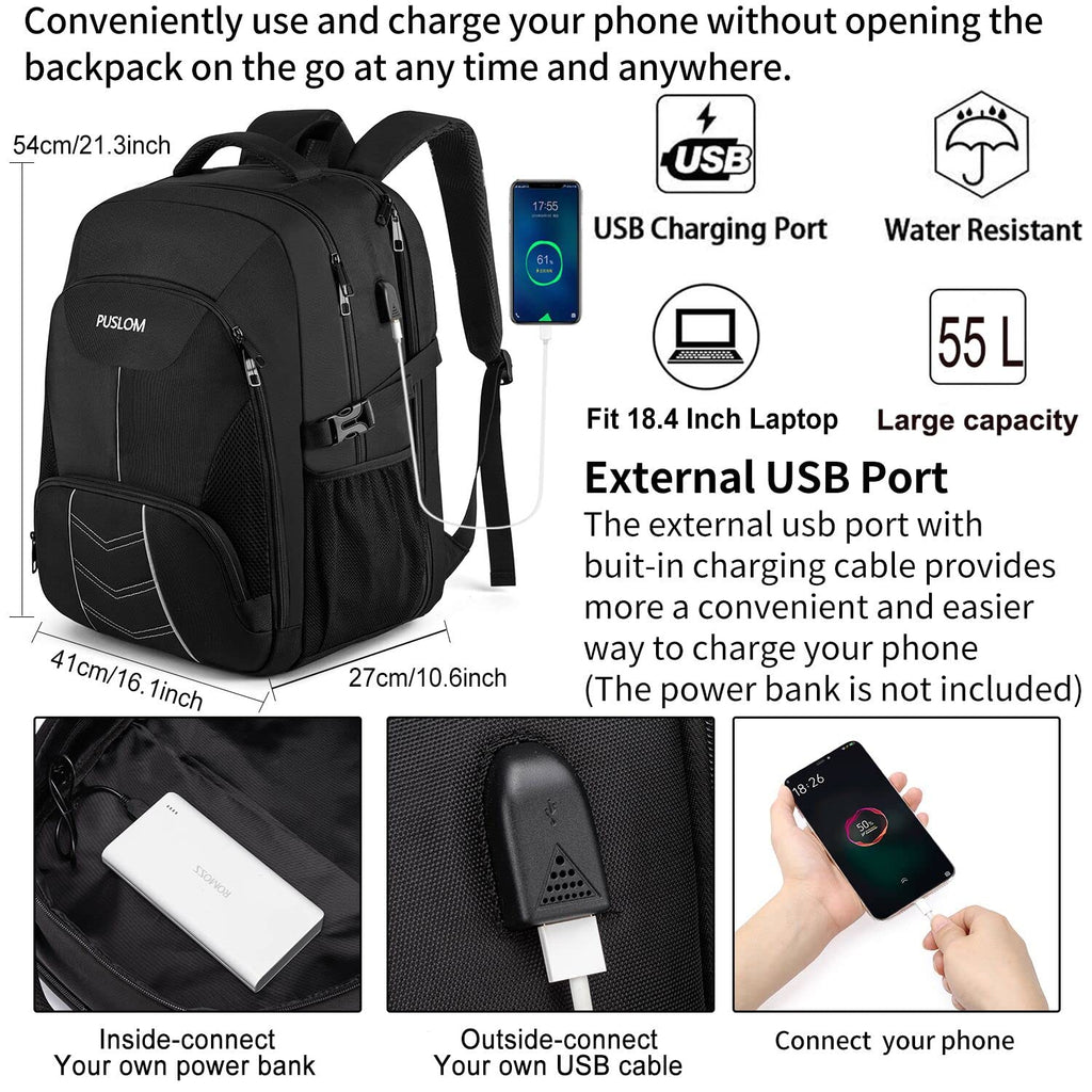 Extra Large Backpack for Men 55L,18.4Inch Travel Laptop Backpack with USB Charging Port Business Flight Approved Carry On Backpack,TSA Big Capacity Heavy Duty Computer Bag College Bookbag,Black