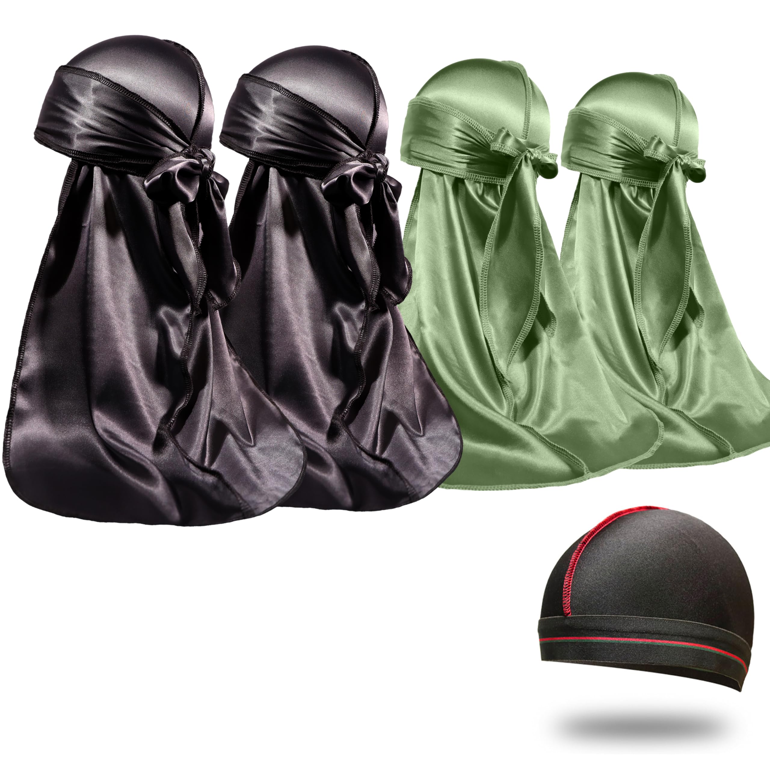 4PCS Silky Durags for Men Women 360 Waves with 1 Wave Cap, Silky Satin Durag Extra Long Tails