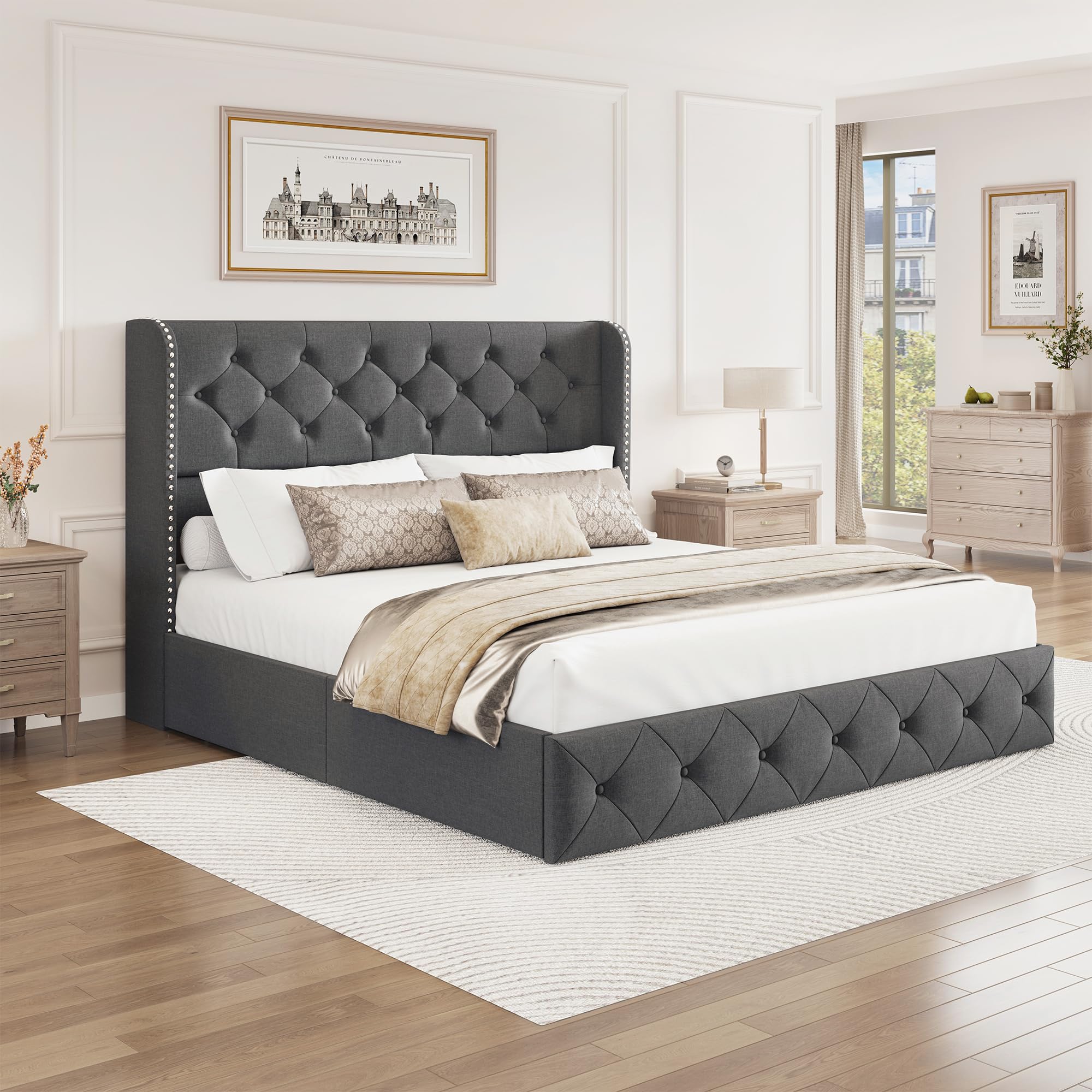 BRELTAM Full Size Bed Frame with Storage Drawers and Wingback Headboard Linen Upholstered Platform Bed Frame Tufted Beds with Heavy Duty Wood Slats, Noise Free, Easy Assembly, Beige