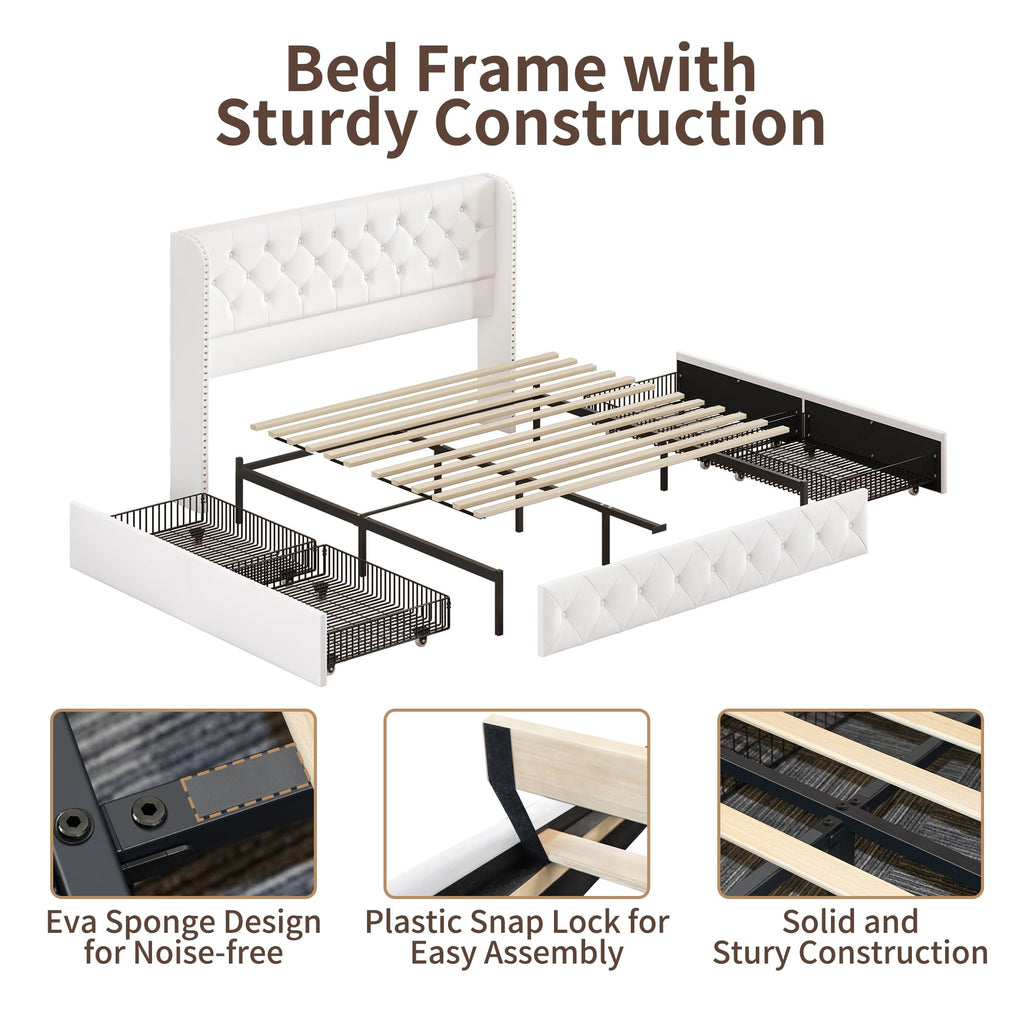 BRELTAM Full Size Bed Frame with Storage Drawers and Wingback Headboard Linen Upholstered Platform Bed Frame Tufted Beds with Heavy Duty Wood Slats, Noise Free, Easy Assembly, Beige