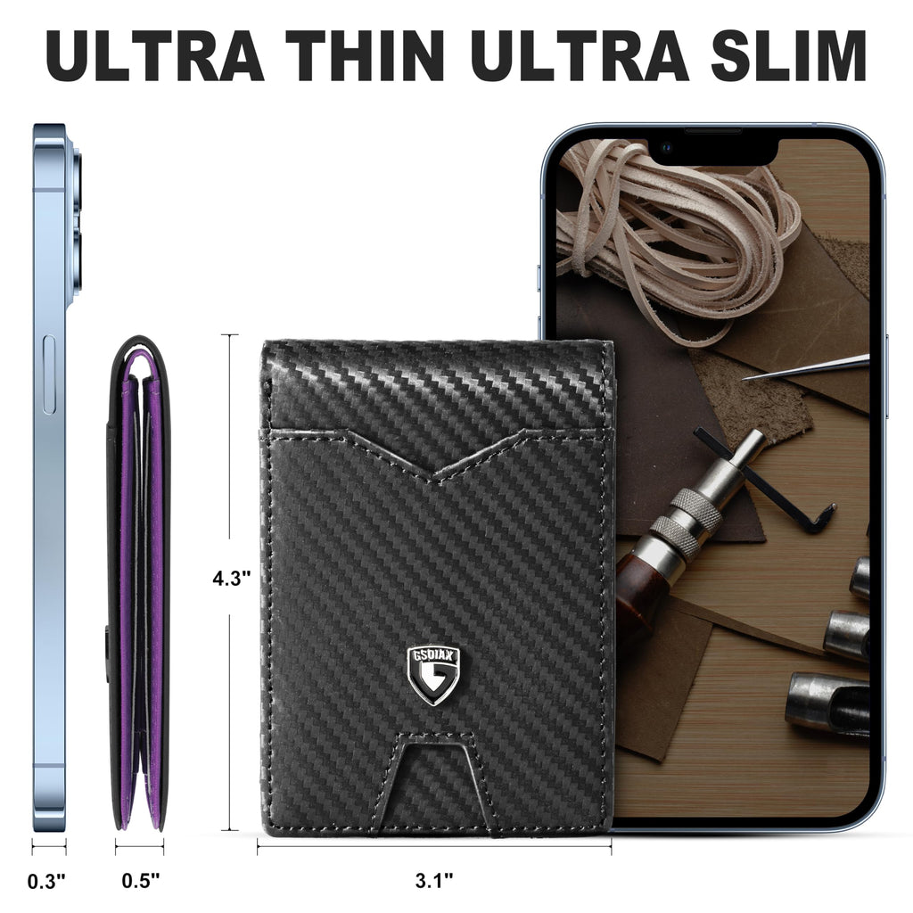 GSOIAX Slim Wallet for Men Rfid Blocking Leather Bifold Front Pocket Carbon Fiber Men's Money Clips Credit Card Holder With Gift Box