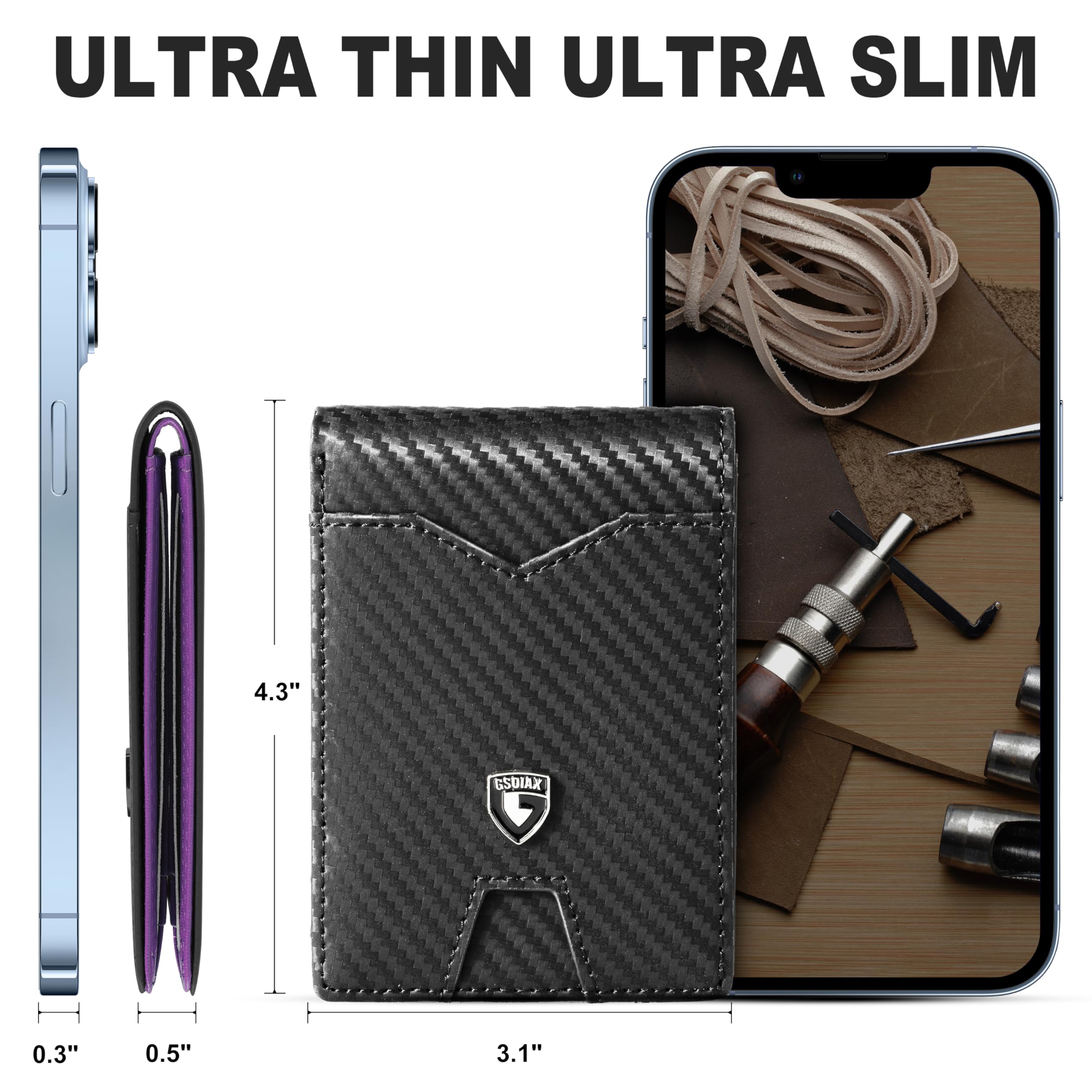 GSOIAX Slim Wallet for Men Rfid Blocking Leather Bifold Front Pocket Carbon Fiber Men's Money Clips Credit Card Holder With Gift Box