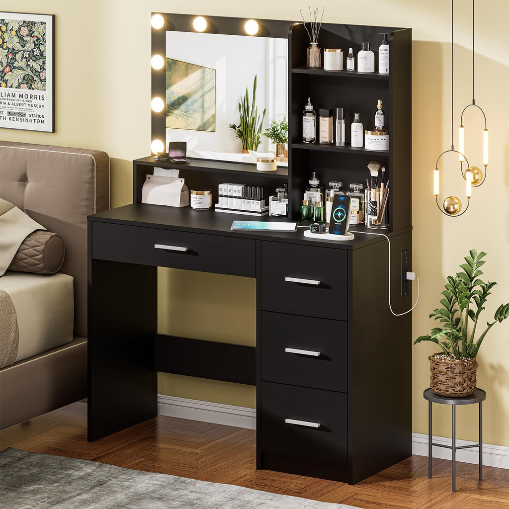 Vanity Desk with Lighted Mirror, Black Vanity with 4 Drawers,Makeup Vanity with Storage Shelves and Power Outlet,10 Lights with 3 Color Modes Brightness Adjustable for Girls’ Bedroom (Black)