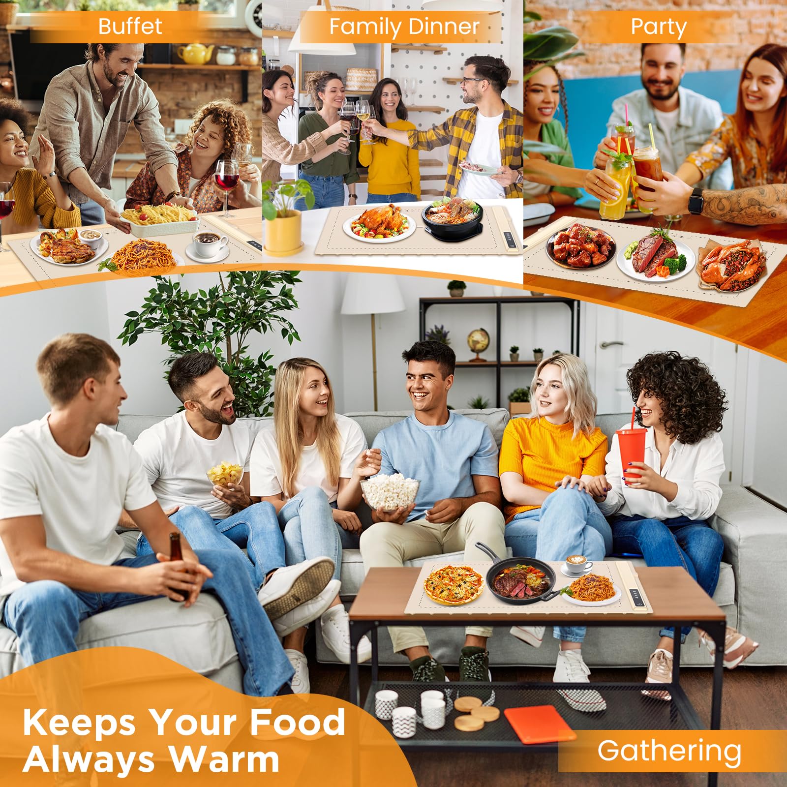Upgrade Warming Mat for Food with Adjustable Temperature-Portable Electric Warming Tray,Roll Up Silicone Food Warmer for Parties with 3 Temperature Settings,Versatile Food Warmers for Parties Buffet