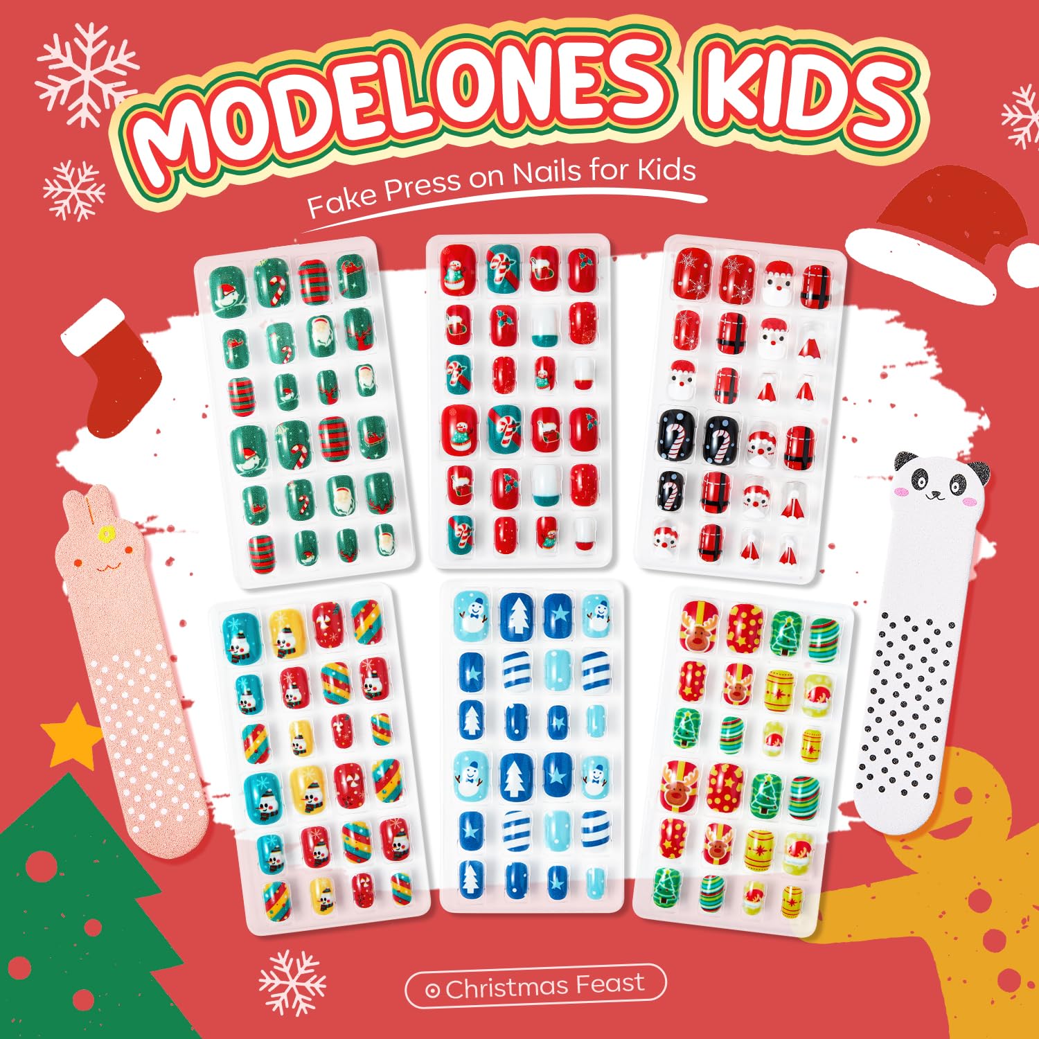 Modelones Press on Nails for Kids 144Pcs 6 Pack Children Acrylic Fake Nails Pre-glue Full Cover Glitter Gradient Color Heart Cat Short False Nail Art Kits Sets Christmas Gifts for Kids Girls