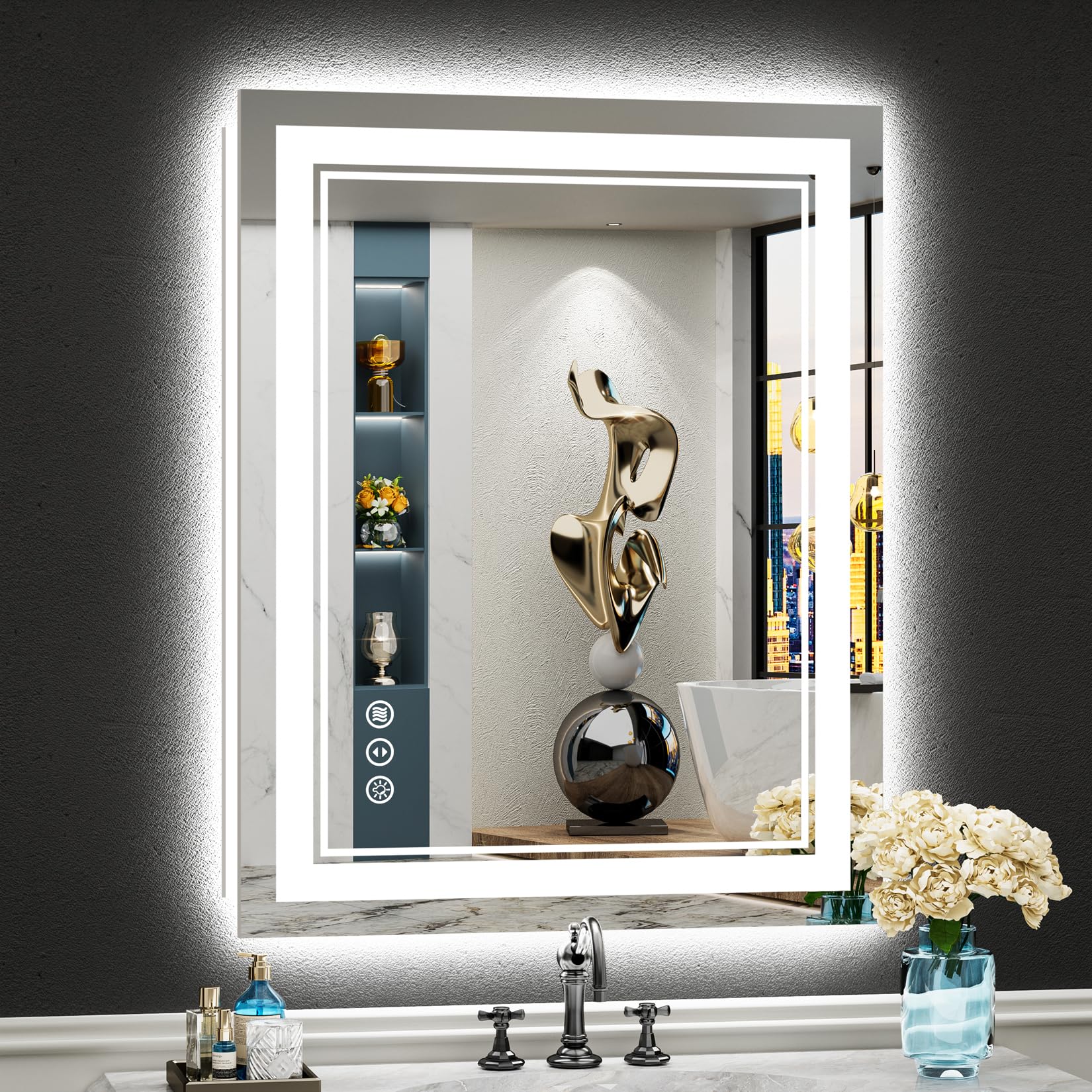 24x32 Black Framed LED Bathroom Mirror with Lights, Backlit and Front Lit Anti-Fog Lighted Vanity Mirrors for Bathroom Wall, Dimmable, 3 Colors, Memory, HD Tempered Glass, Horizontal/Vertical