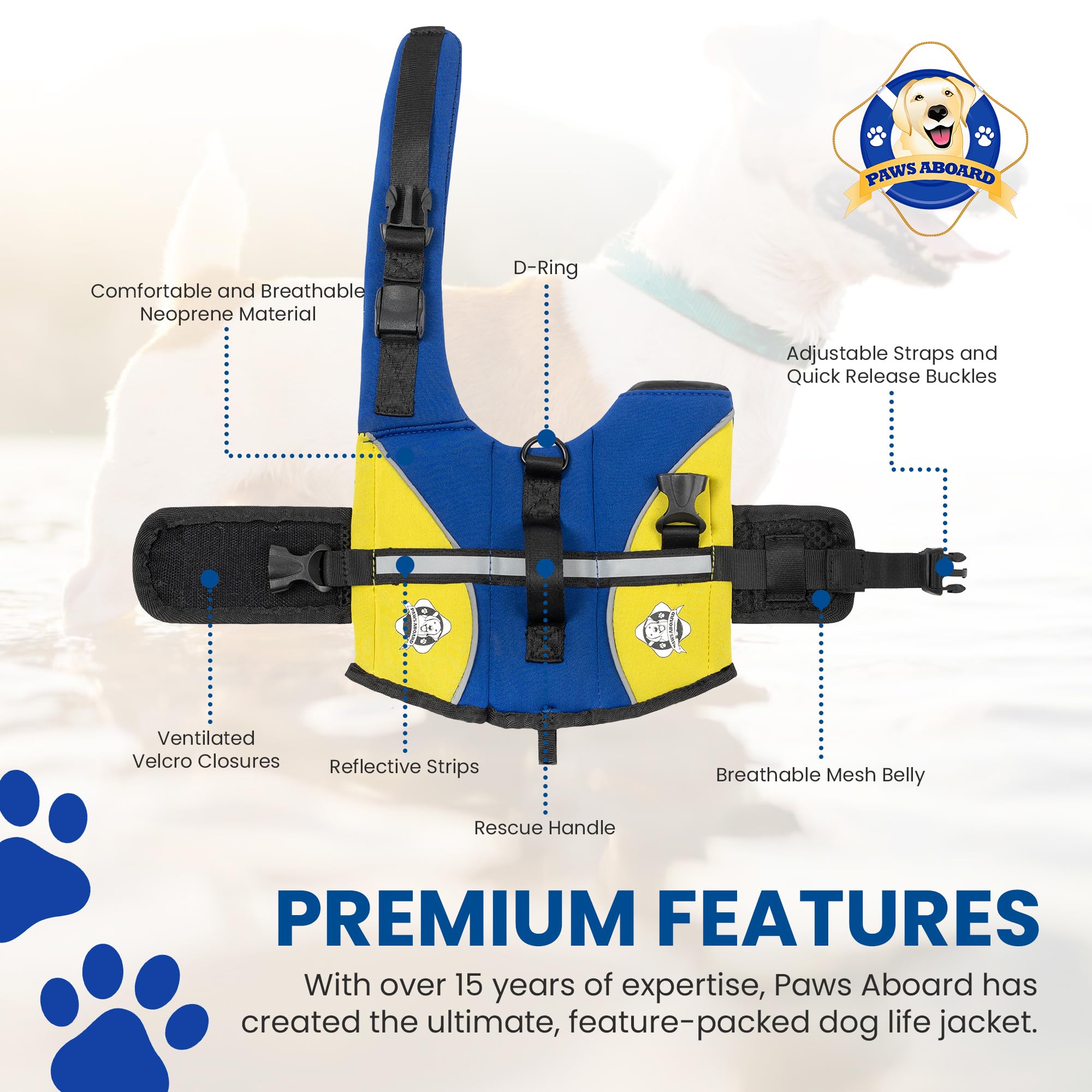 Dog Life Jacket — Premium Swim Vest with SafeChin Anti-Choke Collar | PAWS Aboard Blue & Yellow | RapidLift Rescue Handle, D-Ring, Reflective Trim | Boating, Kayaking, Pool | XX-Small (Under 6 lbs)