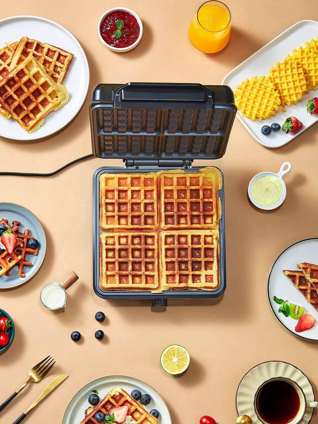 Belgian Waffle Maker 4 Slices, 1200W Waffle Iron, Anti-Overflow Waffle Iron with Browning Knob, Nonstick Plates, Indicator Lights, Silver/Black (Black, Silver)