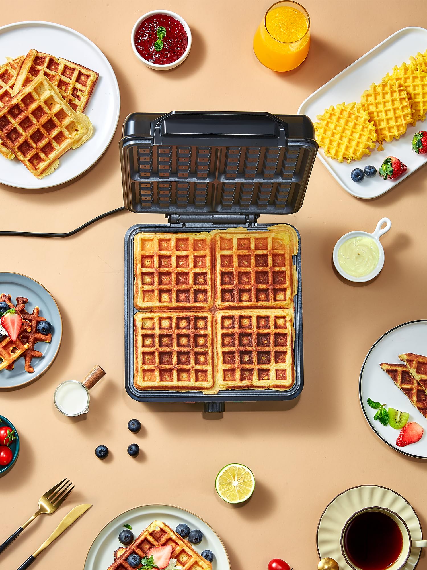 Belgian Waffle Maker 4 Slices, 1200W Waffle Iron, Anti-Overflow Waffle Iron with Browning Knob, Nonstick Plates, Indicator Lights, Silver/Black (Black, Silver)