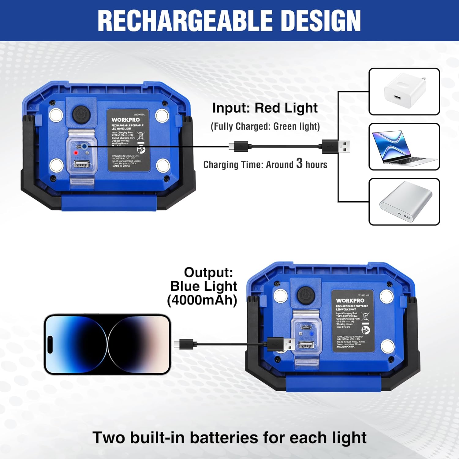 WORKPRO LED Work Light, Rechargeable Magnetic Work Lights with Stand, Portable 2000LM COB Flood Light for Camping, Fishing, Car Repair, Job Site Lighting, Hiking, 4 Modes, 2 Pack