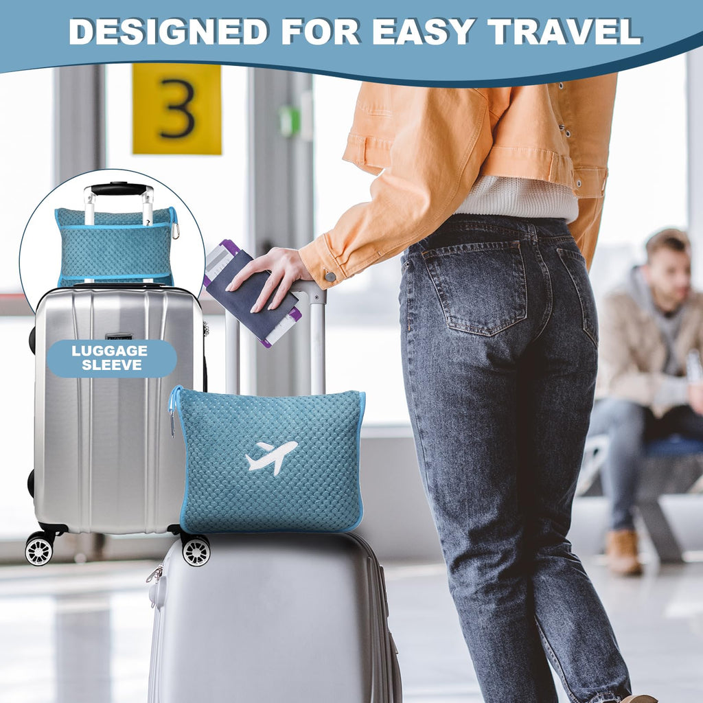 Travel Blanket Airplane Compact with Bag, Travel Essentials 3 in 1 Packable Airplane Blanket, Travel Pillow and Blanket Set, Inflatable Pillow, Luggage Sleeve & Backpack Clip (Camel)