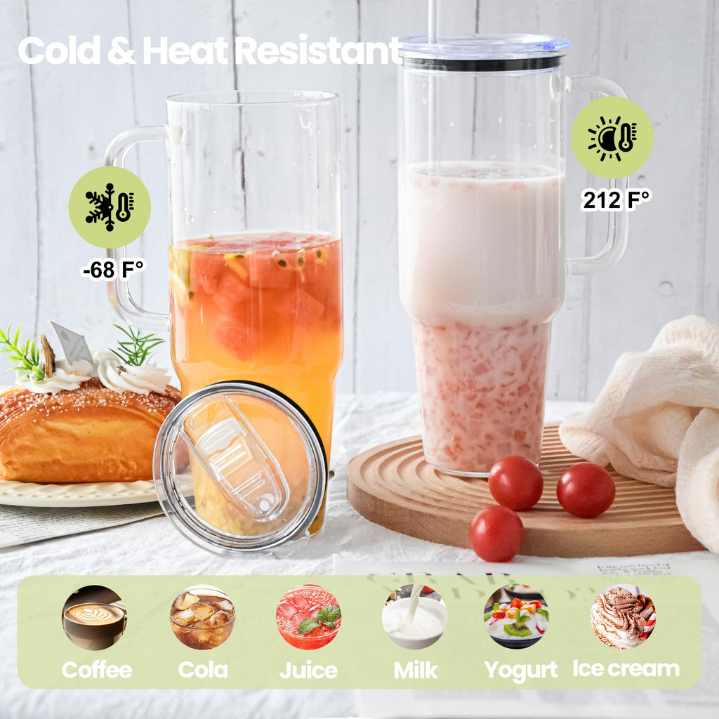 40 oz Glass Tumbler with Handle 12 Pack Glass Tumbler with Straw and Lid Clear Reusable Iced Coffee Cup, Fits Car Cup Holder, BPA Free, for Boba Tea, Juice, Smoothie, Beer(Sublimatable)