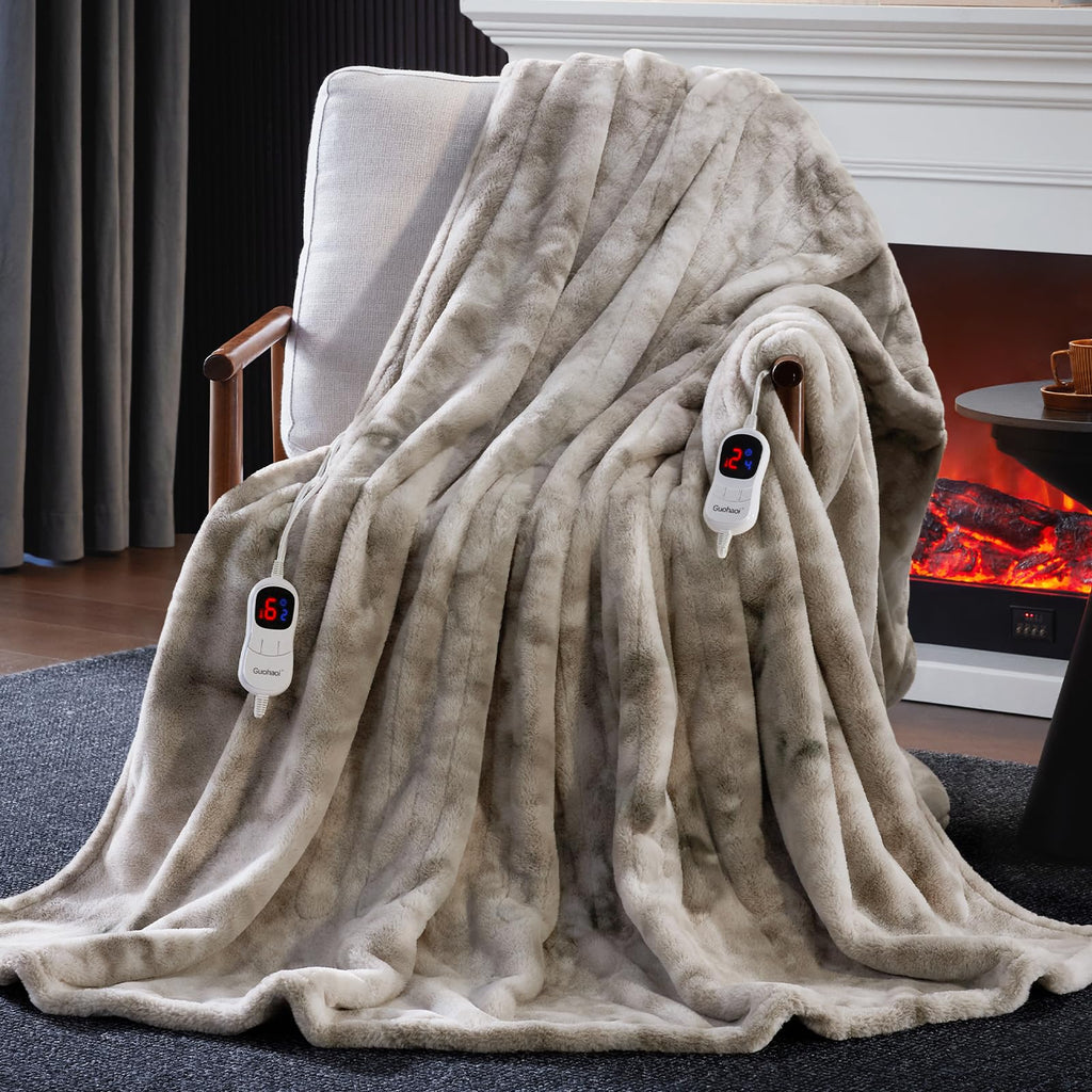 Guohaoi Heated Blanket Electric Throw, Soft Faux Rabbit Fur Electric Blanket with 10 Heating Levels 5 Sitting Timer Auto Off, Cozy Warm Heating Blankets, Machine Washable(50"×60" Beige)