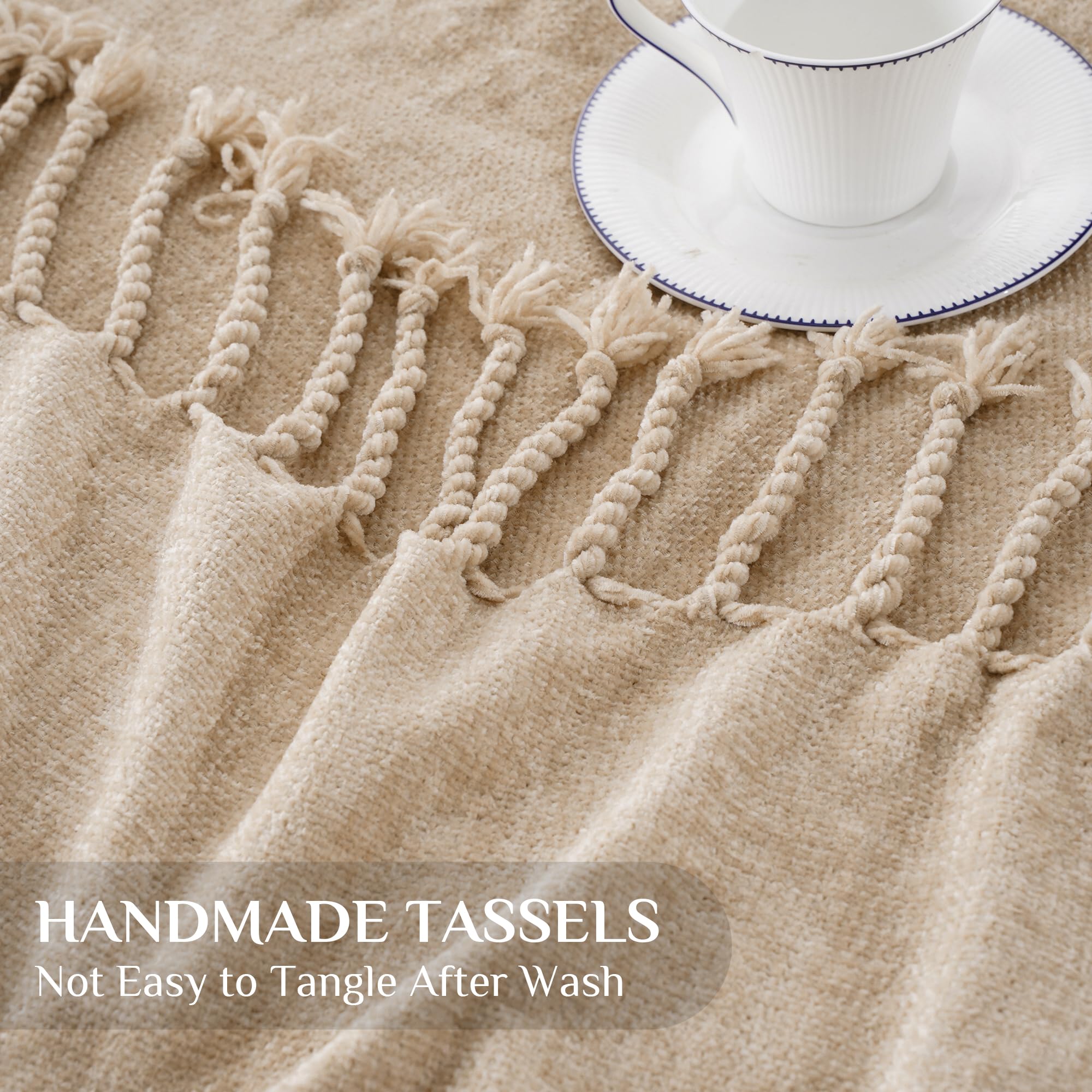 BATTILO HOME Beige Chenille Throw Blanket for Couch, Soft Cozy Textured Knit Throw Blanket with Handmade Fringe Tassels, Lightweight Decorative Farmhouse Blanket for Sofa Bed Chair, 50"x60"