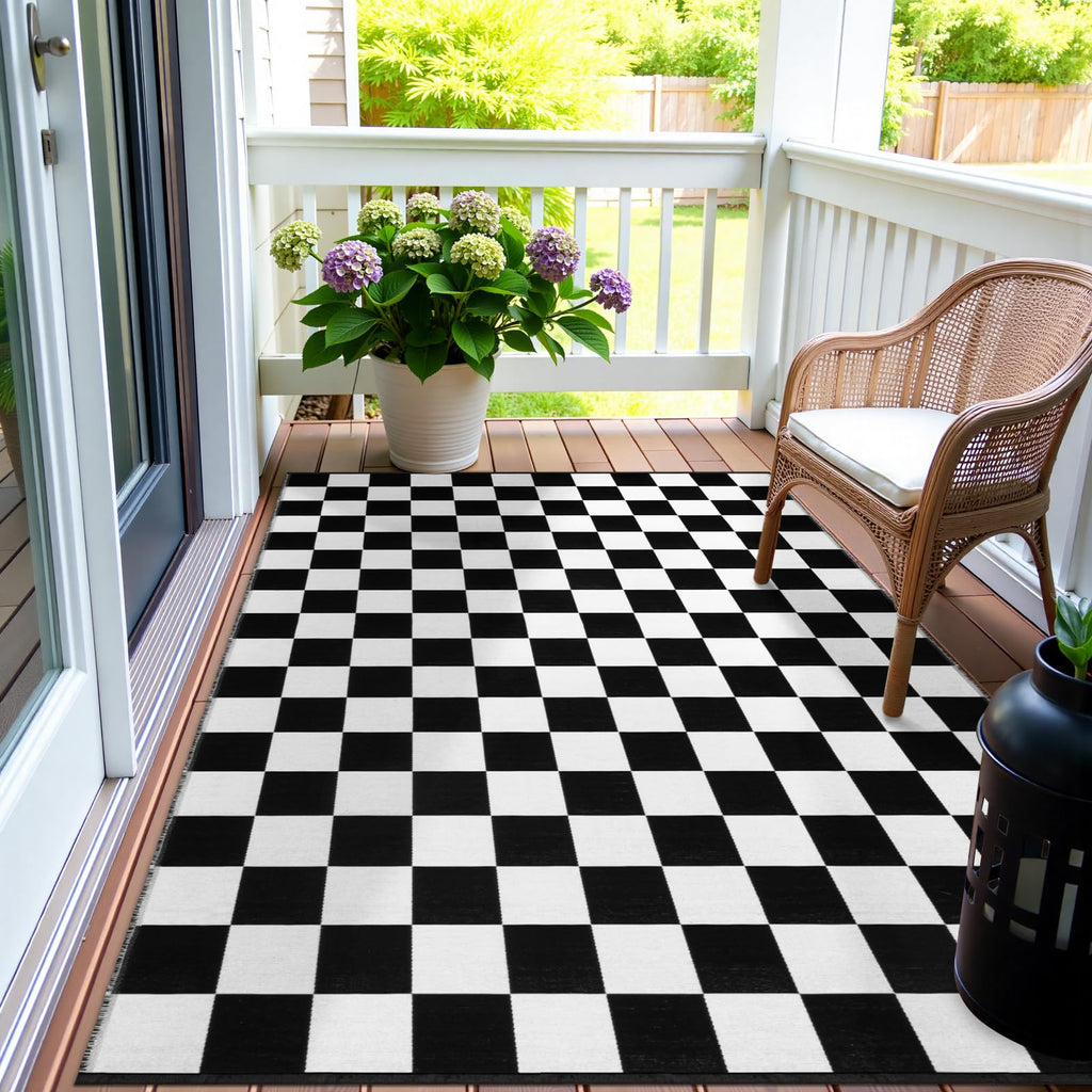 Seavish Checkered Rug, 2x3 Ft Black and White Moroccan Checkerboard Rug Washable Cotton Woven Washable Outdoor Rugs Reversible Floor Mat for Front Door Bedroom Entryway Kitchen Entryway