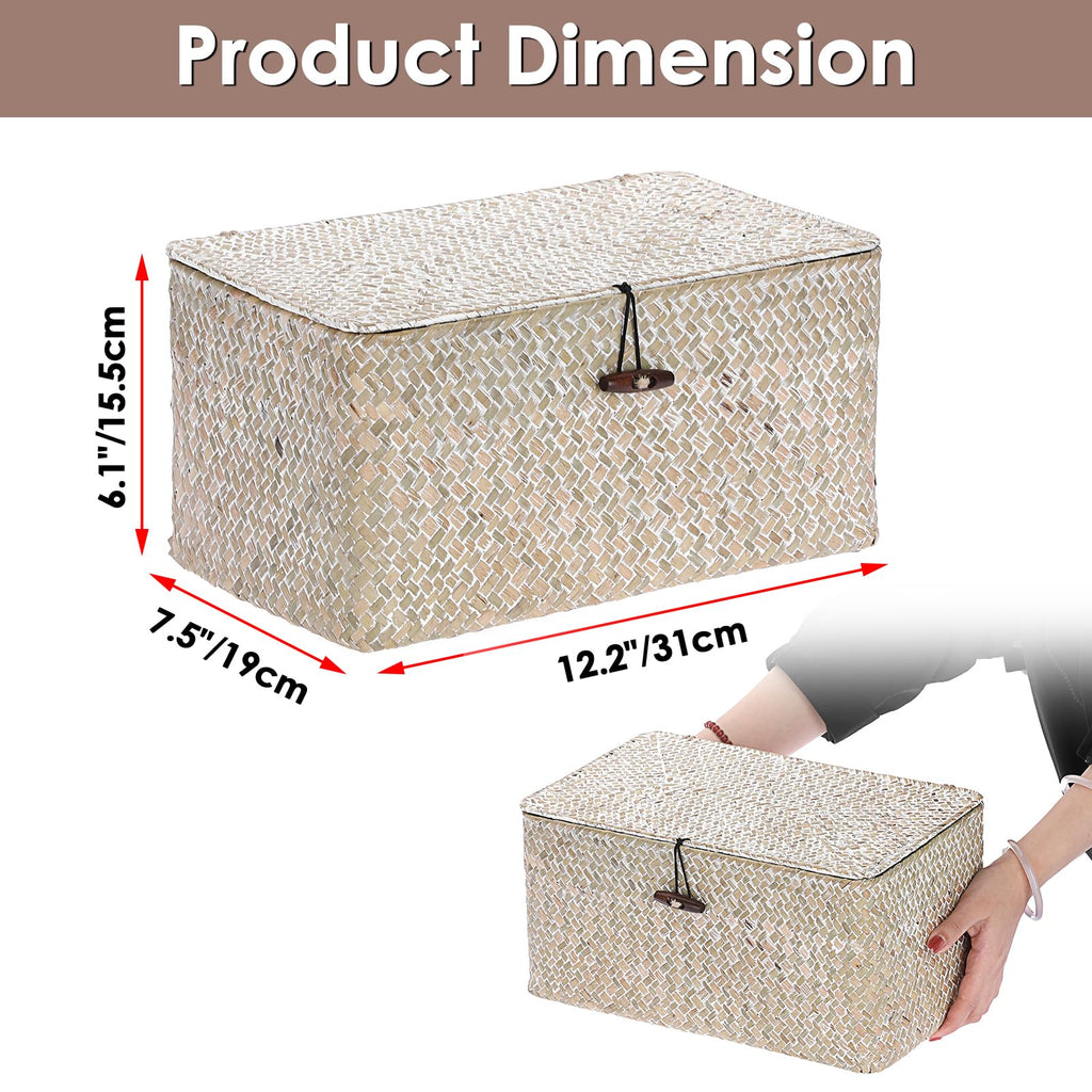 Sumnacon Wicker Basket with Lid Rectangle Woven Baskets for Toiletries Tampon Storage,Wicker Storage Basket with Lid,Decorative Seagrass Storage Baskets for Shelf Bathroom Toilet Table, Caramel