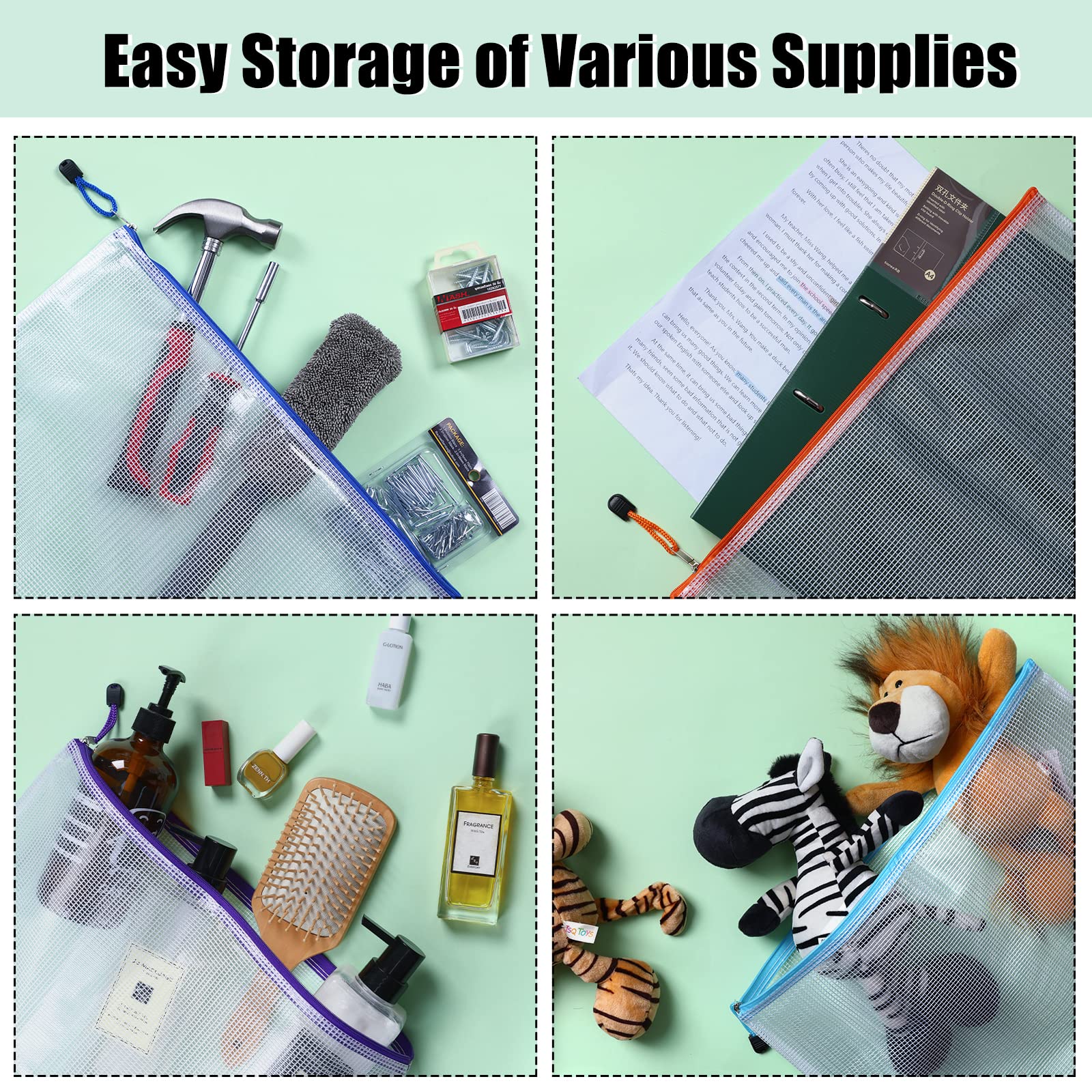 EOOUT 24pcs Mesh Zipper Pouch Bags A3 Extra Large Document Bag with Label Pocket, 16.9x12 Inches, Plastic Zip File Folders, Puzzles, Board Game Storage for Organizing Office Home