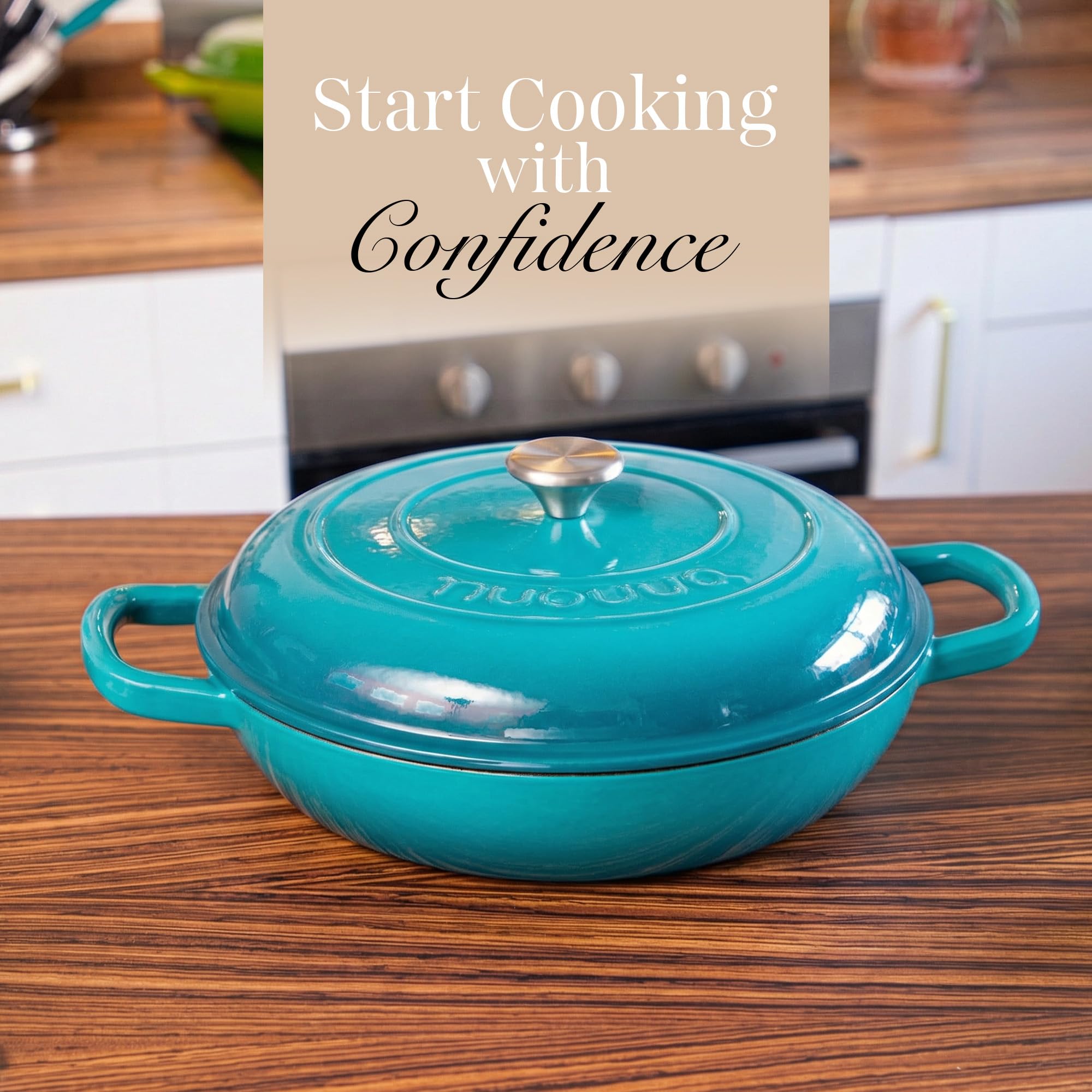 Shallow Cast Iron Casserole with Lid – Non Stick Dutch Oven Pot, Oven Safe up to 500° F – Sturdy Ovenproof Stockpot Cookware – Enamelled Cooking Pot – Black, 5-Quart, 32cm – by Nuovva