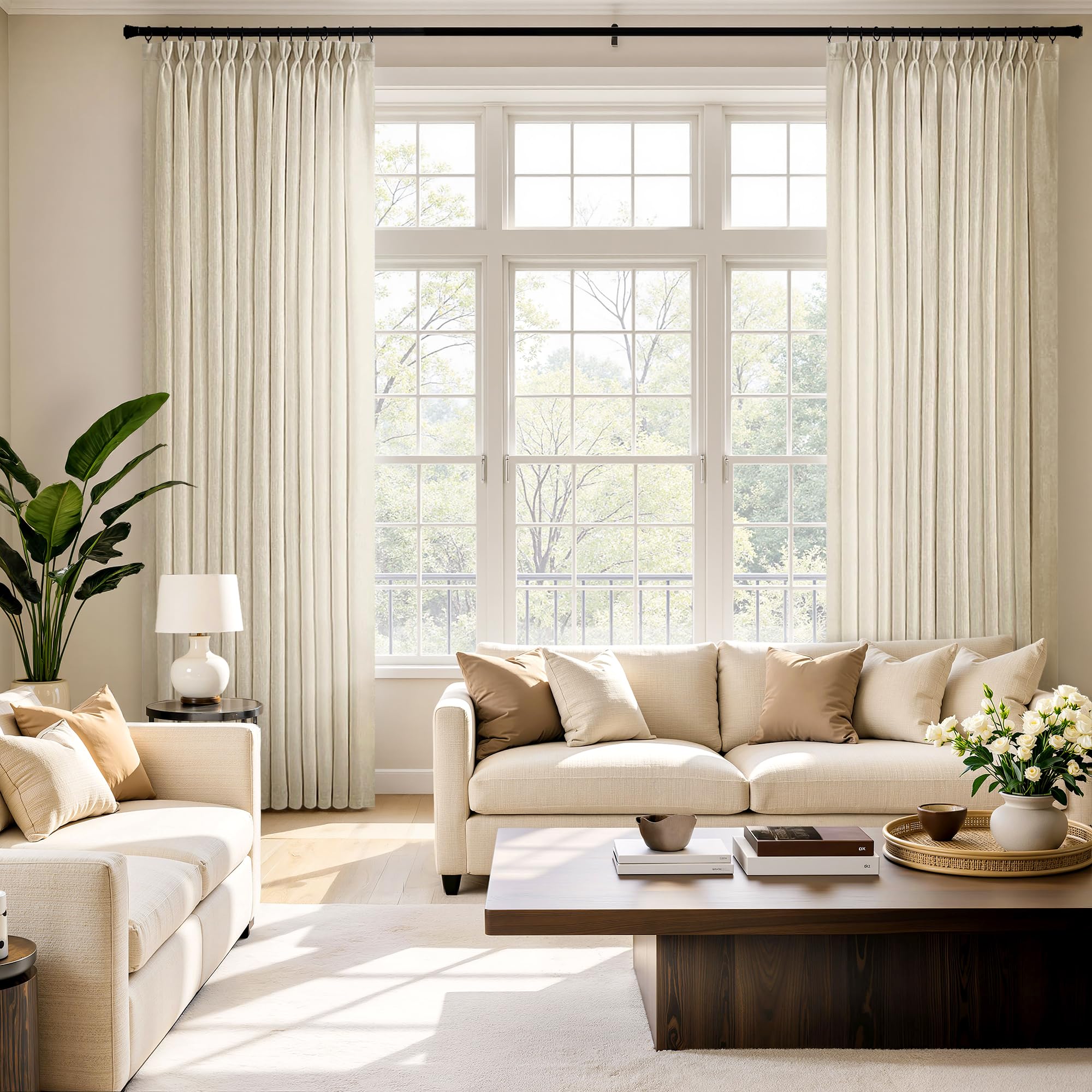 MIULEE Pinch Pleated Linen Curtains 84 Inches Long 2 Panels for Bedroom Living Room, Soft Thick Linen Textured Window Drapes Back Tab Hooks Semi Sheer Light Filtering Farmhouse，Beige