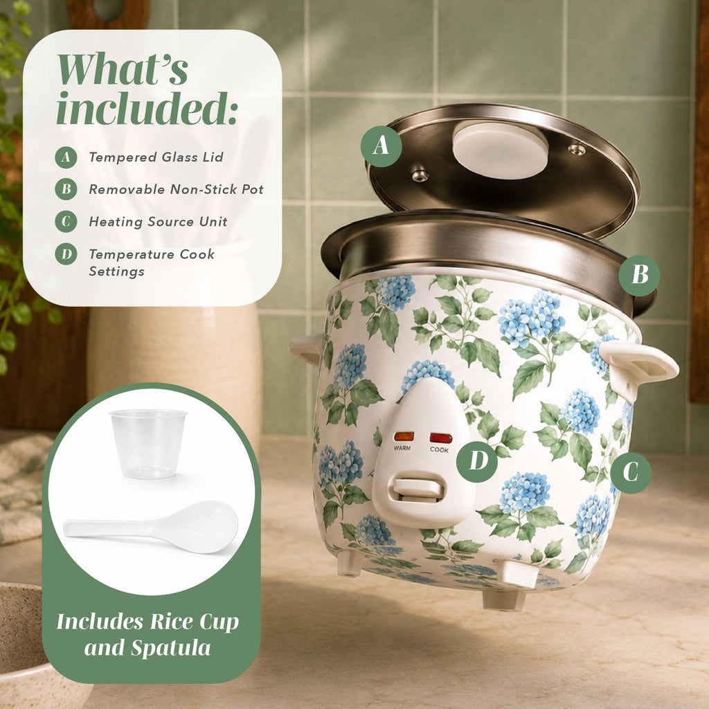 COOK WITH COLOR 6 Cup Rice Cooker 300W - Effortless Cooking and Perfectly, Cooks 3 Cups of Raw Rice for 6 Cups of Cooked Rice, Floral Blue