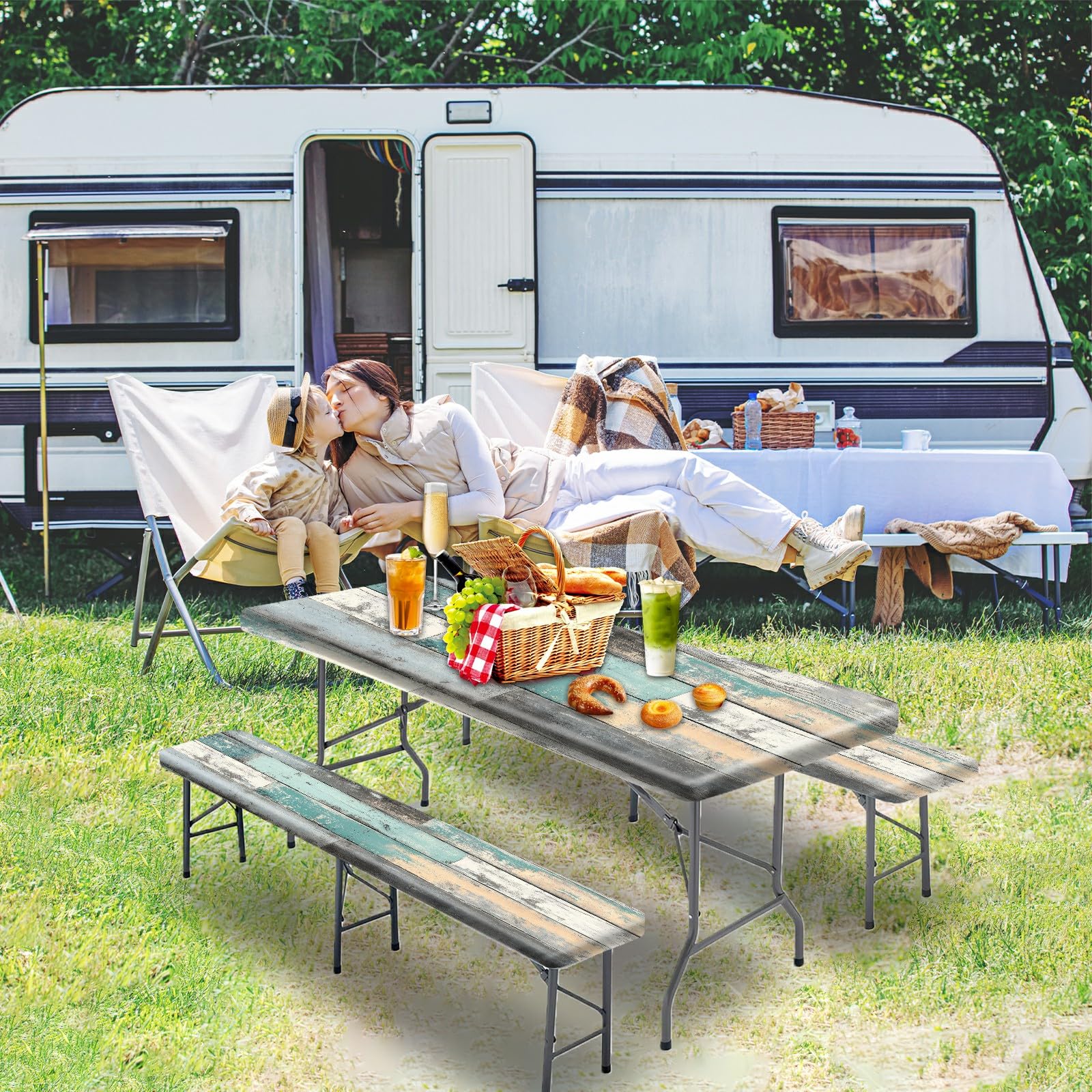 Park Picnic Table Cover with Bench Covers Lightweight Camping Essentials, Oil-Proof Waterproof 3PCS Tablecloth with Elastic, Fitted for Table 6FT Rectangle and Seats, American Flag Eagle (72x30in)