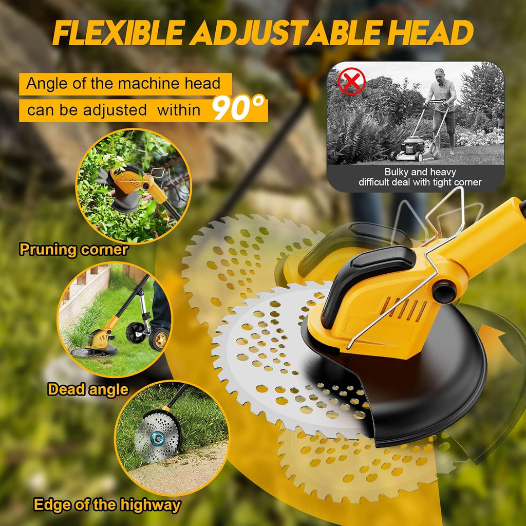 Cordless Weed Eater Battery Powered 6000mAh, 4-in-1 Brush Cutter Heavy Duty/Weed Trimmer/Lawn Mower Edger W/Wheel Metal Blade, 2 Battery Garden Yard Tool