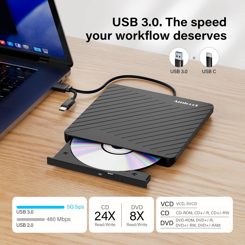 Amicool External USB-C USB 3.0 CD/DVD Drive Burner +/-RW, Ultra-Slim Portable DVD Player Writer Reader for Mac iMac MacBook, Windows 11/10/8 Linux, Laptop Desktop PC Computer Optical Drive