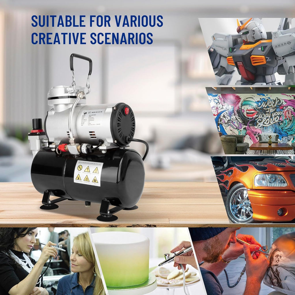 Timbertech Airbrush Compressor, High-performance Single-Piston Oil-free Mini Compressor AS186 with 3L Tank, Regulator, Moisture Trap for Hobby, Cake Decoration, Tattoo, Automotive Graphic, Make-up