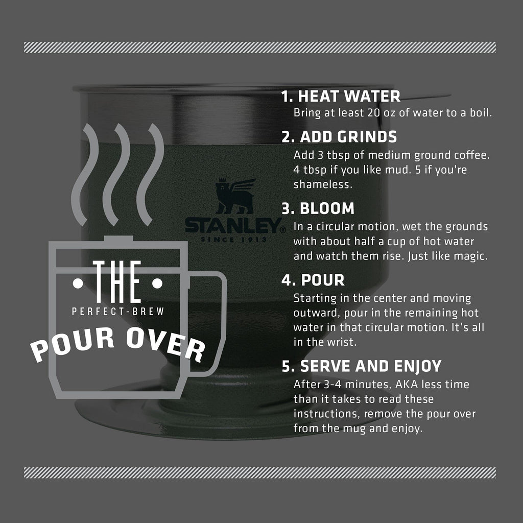 STANLEY Perfect Brew Pour Over | Manual Single Cup Coffee Maker | Drip Coffee Maker with Reusable Filter | Easy Clean Stainless Steel | BPA-Free | Charcoal Glow