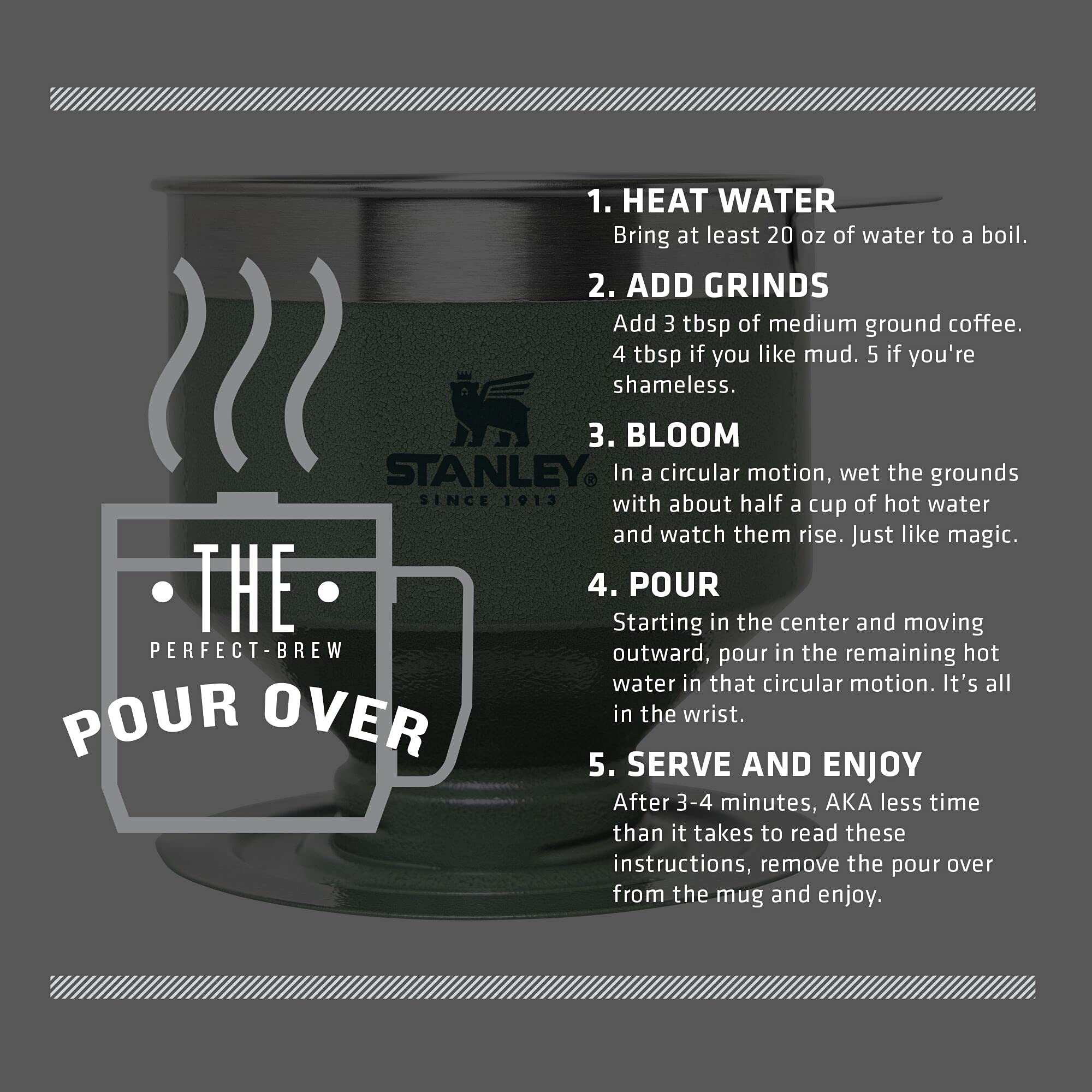 STANLEY Perfect Brew Pour Over | Manual Single Cup Coffee Maker | Drip Coffee Maker with Reusable Filter | Easy Clean Stainless Steel | BPA-Free | Charcoal Glow