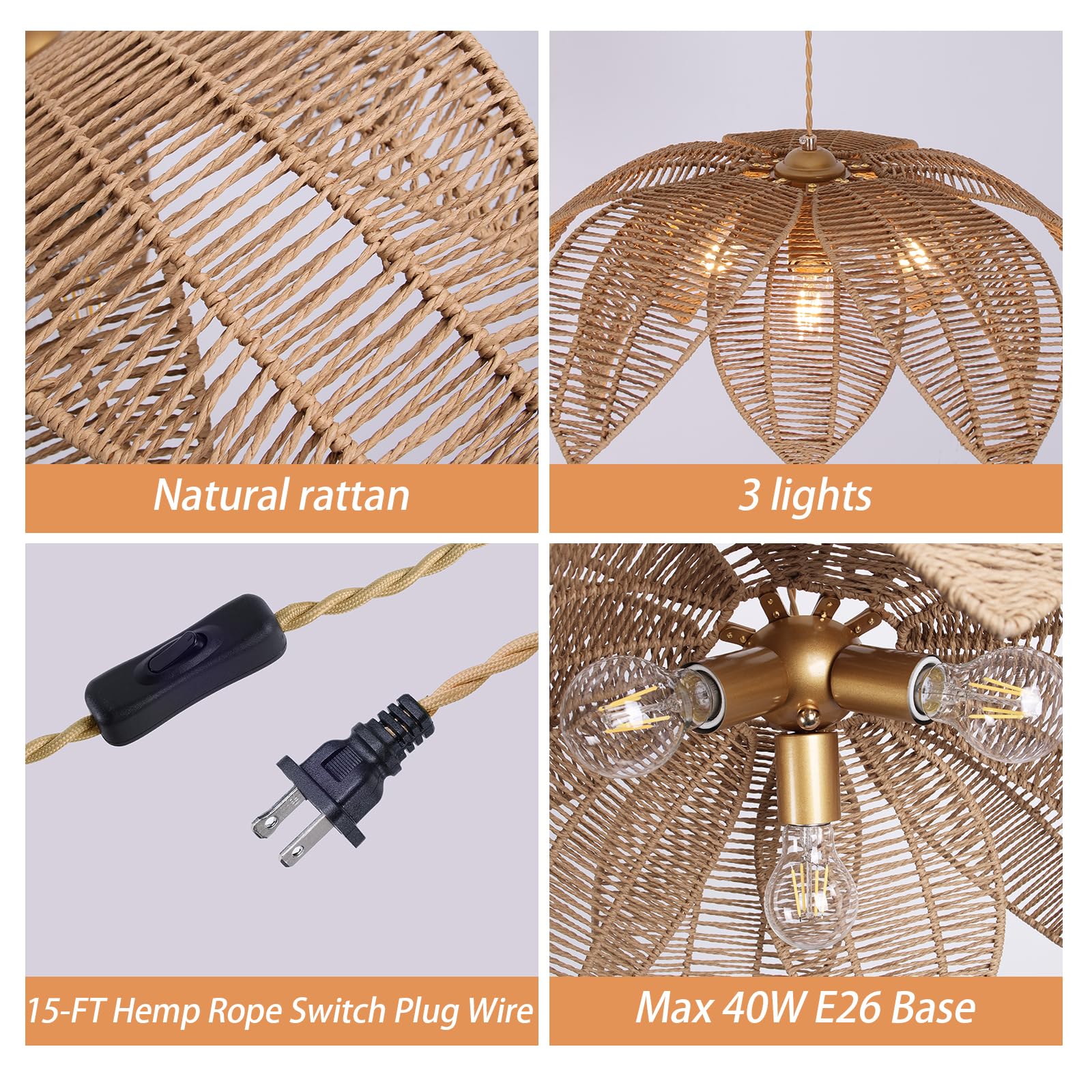 Farmhouse Chandeliers for Dining Room, 3-Light Rattan Boho Chandelier Light Fixture Hand Woven Wicker Pendant Light 24", Coastal Hanging Pendant Light for Kitchen Island Bedroom Living Room