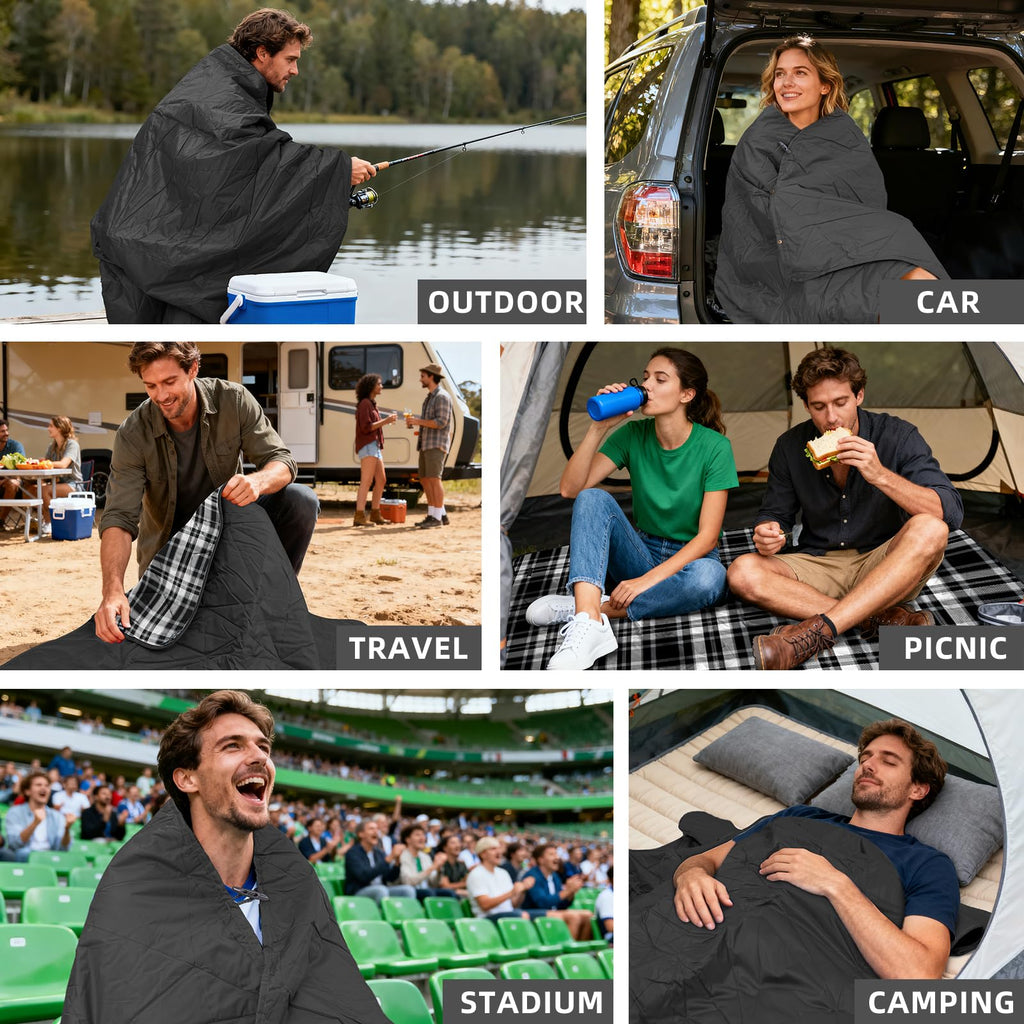 Large Outdoor Waterproof Blanket Extra Thick Fleece Stadium Blanket for Camping, Car, Pet, Picnics - Windproof, Wearable, Machine Washable 80" x 58" (Black Check)