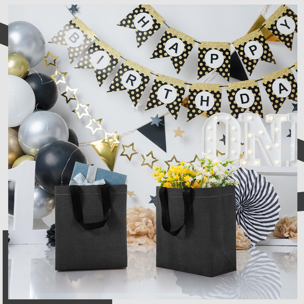 Eccliy 80 Pcs Reusable Gift Bags Set Glossy Grocery Gift Tote Bag with Hadnle for Wedding, Father's Day, Graduation, Summer Event (10 x 8 x 4.7 Inch,Black)