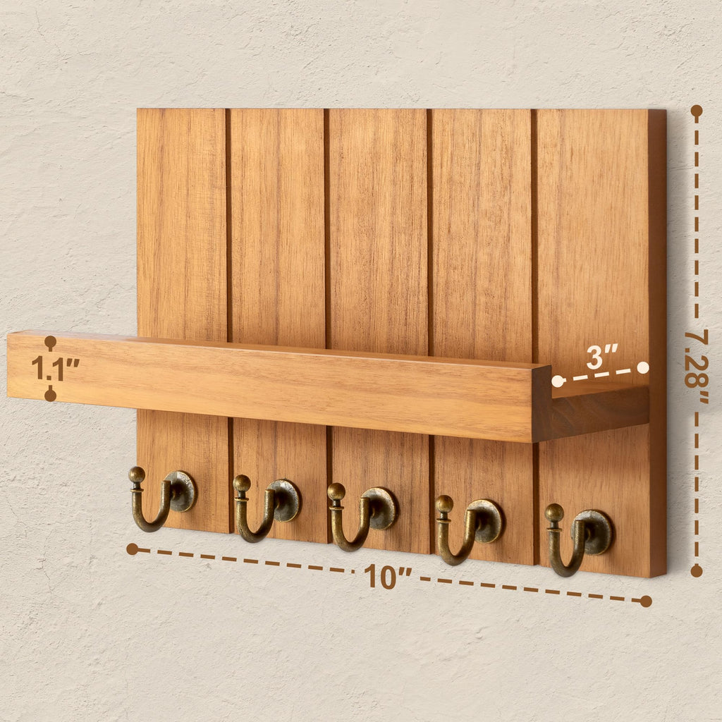 Rebee Vision Acacia Wood Key Holder Wall Mount – Farmhouse Key Holder for Wall & Mail Organizer with Shelf for Home Decor – Ideal for Apartment Essentials (Acacia Wood, 3.54" x 10" x 7.28")