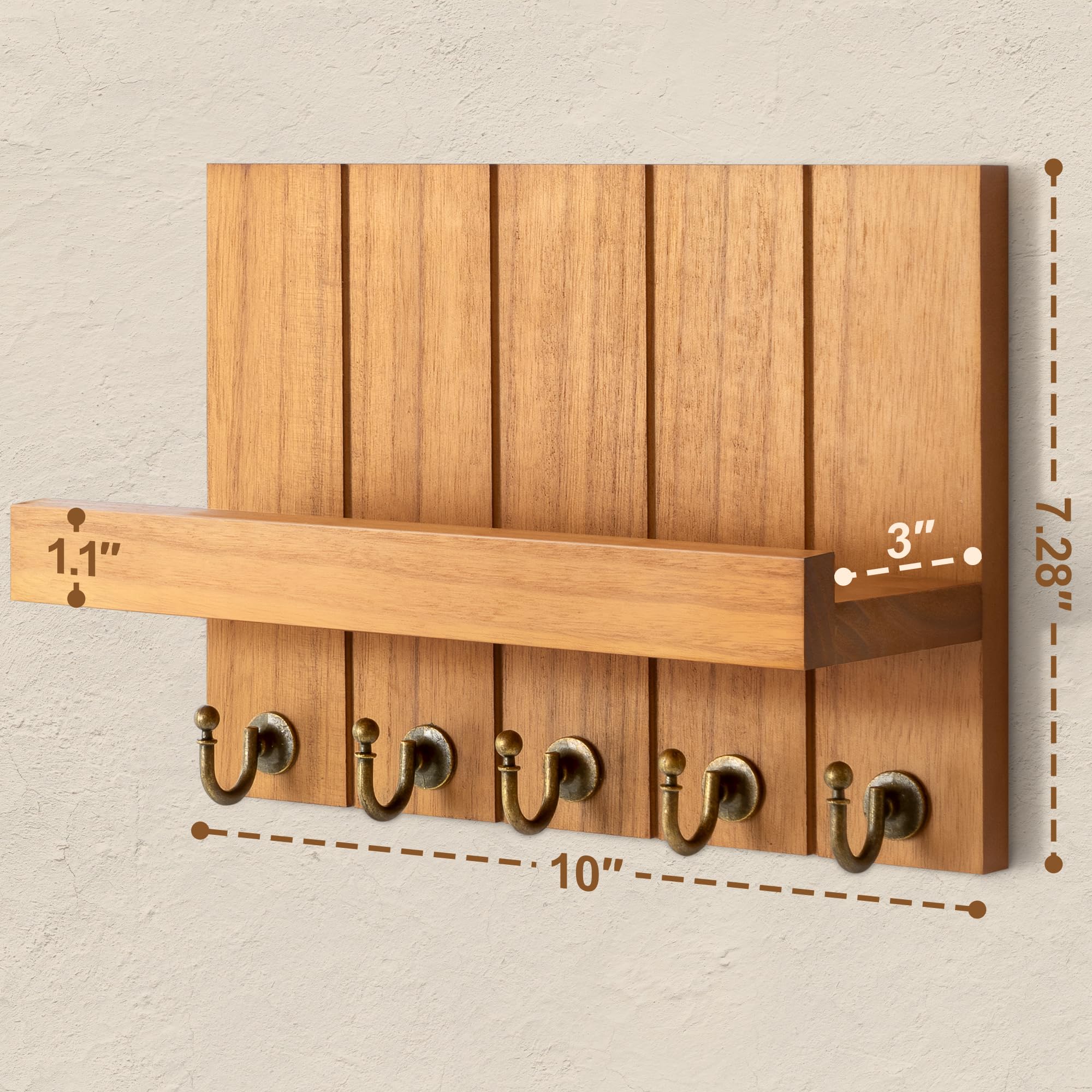 Rebee Vision Acacia Wood Key Holder Wall Mount – Farmhouse Key Holder for Wall & Mail Organizer with Shelf for Home Decor – Ideal for Apartment Essentials (Acacia Wood, 3.54" x 10" x 7.28")